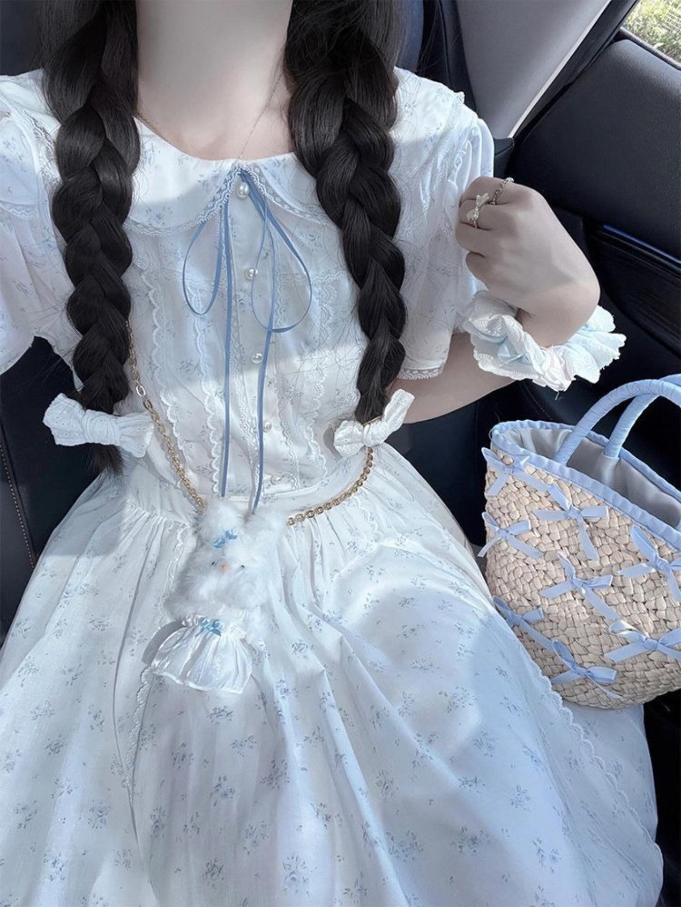 Women's Elegant Floral Print A-Line Dress with Spaghetti Strap & Smock Neckline - Slim-Fit Waist, Full Skirt, Blue Floral Pattern on White - All-Season Semi-Sheer Long Dress for Casual to Semi-Formal Events, Hand Washable Lightweight Fabric