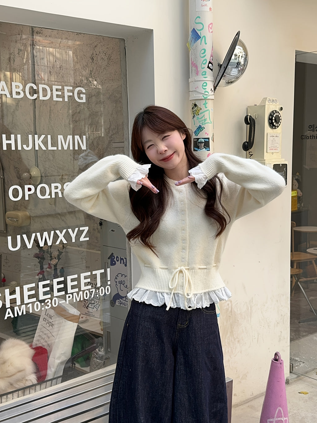 Women's Red Lace Trim Cardigan with Fitted Waist & Puff Sleeves - Cozy Machine-Washable Round Neck Sweater for Fall Winter Layering, Sweater Cardigan, Layering Piece, Crochet Texture, Textured Knitwear