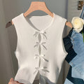 Women's Sexy Summer Stretch Vest - Form-Fitting Ribbed Design with Bow Accents, High Elasticity Round Neck Sleeveless Top, Solid Color Casual to Dressy Wear, Sleeveless Vests, Versatile Clothing, Sensual Material