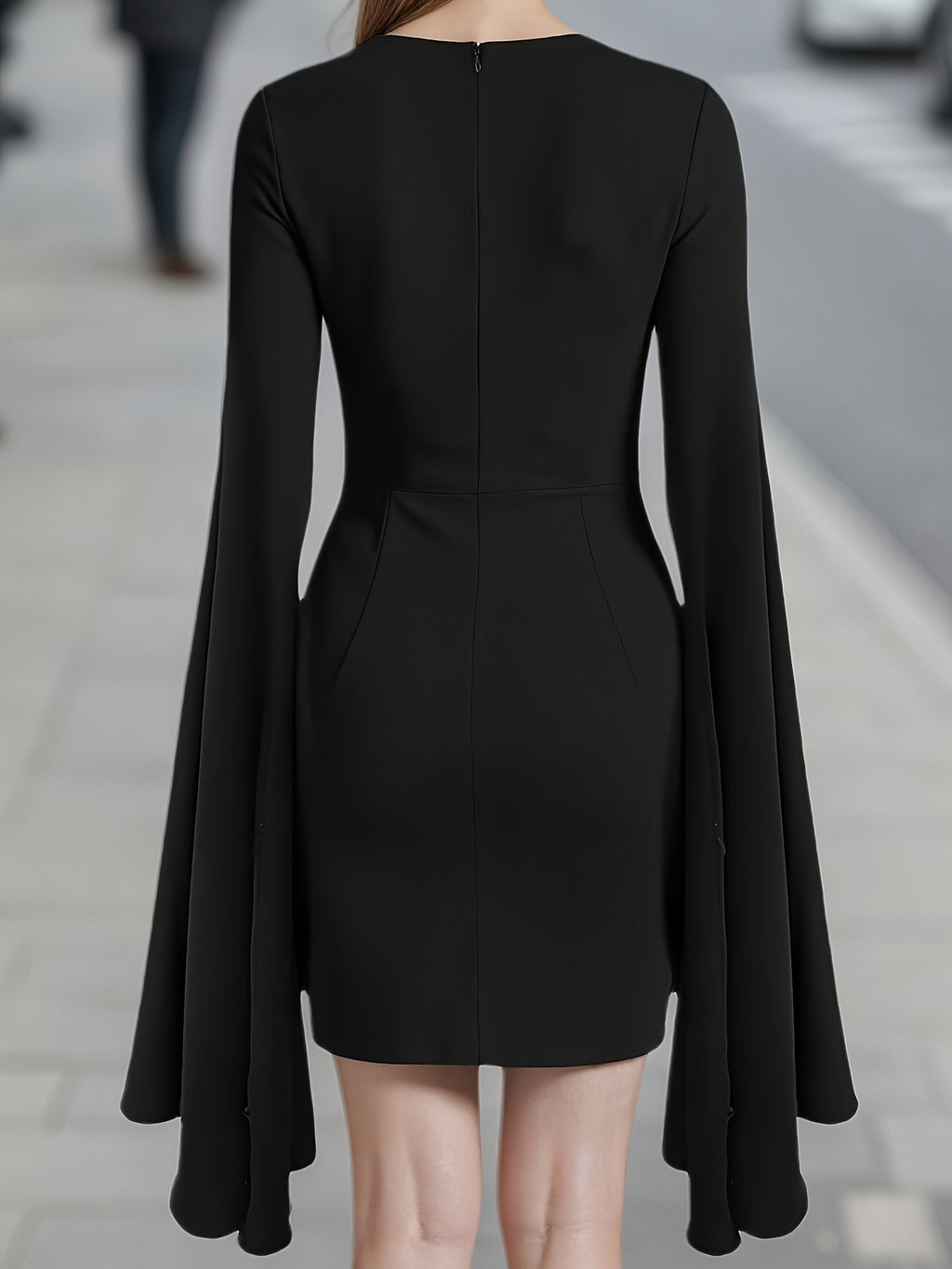 Women'S Elegant Solid Brown Dress with Puff Sleeves & Zipper Back - Round Neck, Flared Hem, All-Season Versatile Formal & Casual Outfits, Chic Office Attire, Comfortable Fabric