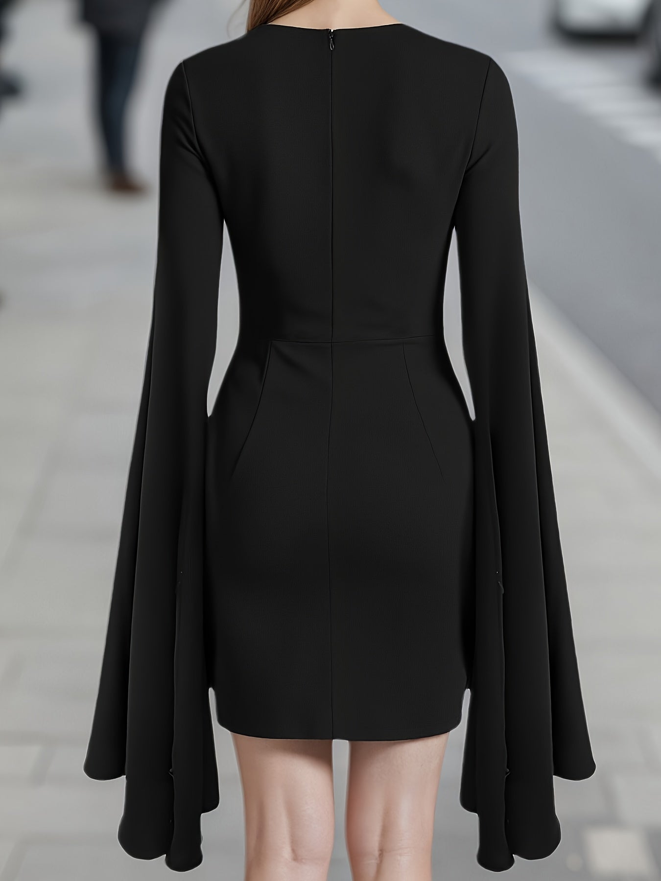 Women'S Elegant Solid Brown Dress with Puff Sleeves & Zipper Back - Round Neck, Flared Hem, All-Season Versatile Formal & Casual Outfits, Chic Office Attire, Comfortable Fabric