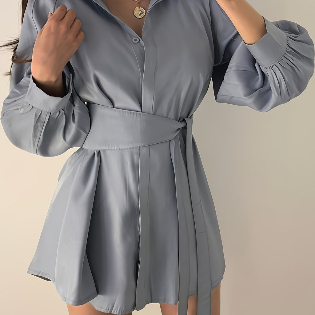 Temperament Waist Slim Blouse Spring And Autumn Design Sense Niche Balloon Sleeve Mid-length Shirt Dress Casual Big-name Versatile Comfortable Dress Set