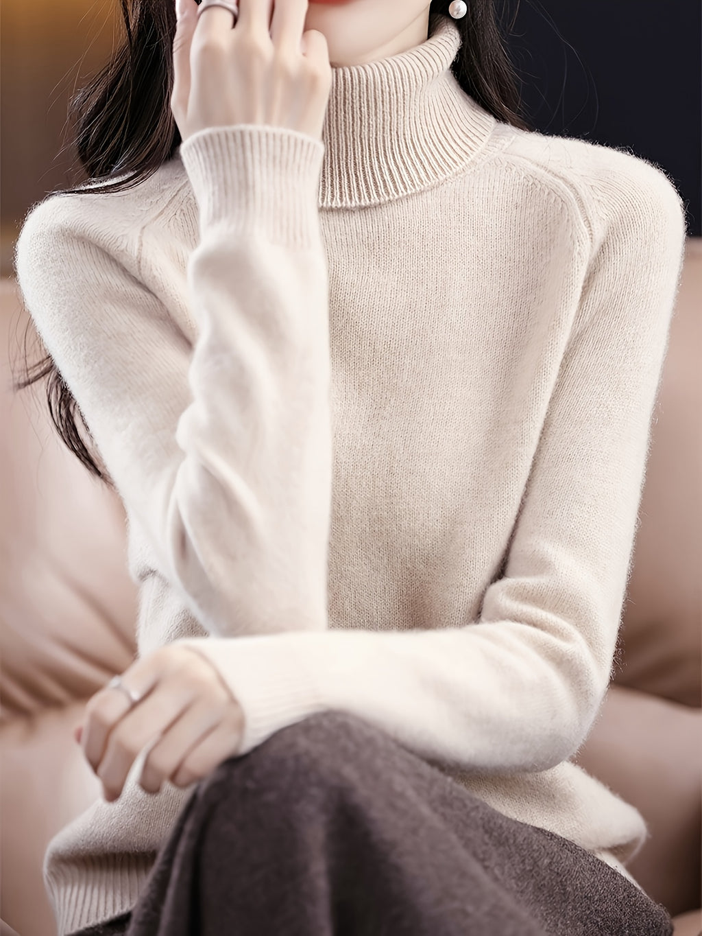 Women's Slim-Fit High Neck Sweater - Elegant Long Raglan Sleeve Turtleneck Pullover, Soft Winter Sweater Coat for Layering, Casual & Formal Wear, Machine Washable H-Line Silhouette (All-Season) in \u002FGrey\u002FBeige\u002FNude
