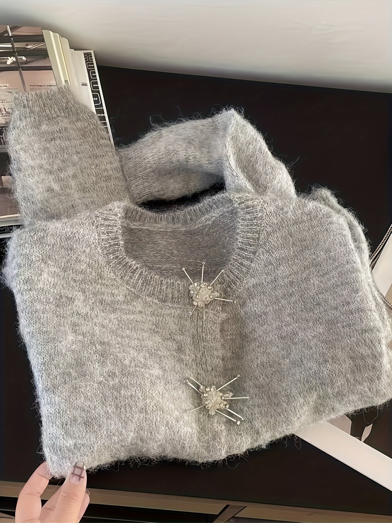 Women's Korean Inspired Elegant Winter Sweater - Soft Grey Round Neck Long Sleeve Button-Front Jacket-like Blazer, Korean Drama-Inspired Cozy Fall Winter Sweaters for Casual & Formal Events (Hand Wash\u002FDry Clean)