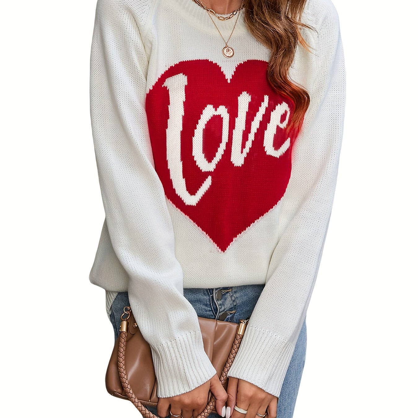 1pc Vintage Style Women'S Knit Sweater with Heart-Shaped