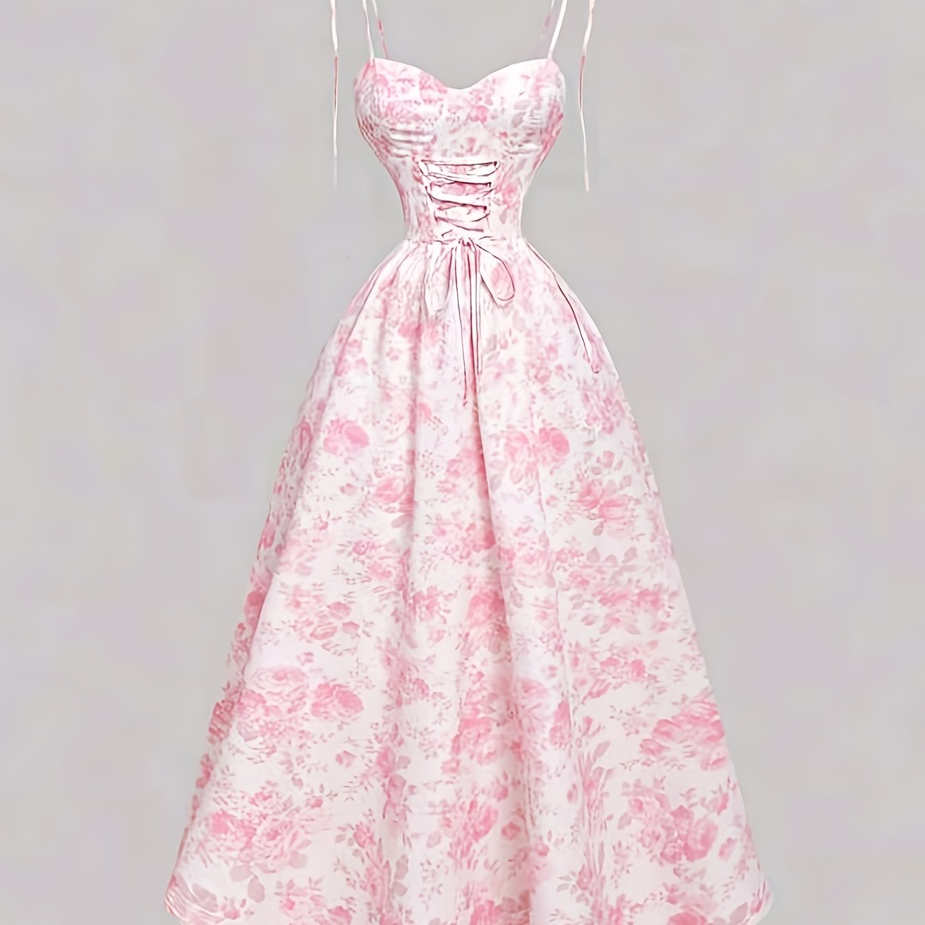 Women'S Elegant French Floral Print A-Line Maxi Dress with Spaghetti Strap & Waist Tie Belt - Pink & Floral Print Long Formal & Casual Evening Gown, Machine Washable For Parties, Office, Casual Attire - Spring\u002Ffall\u002Fsummer Seasonal Wear