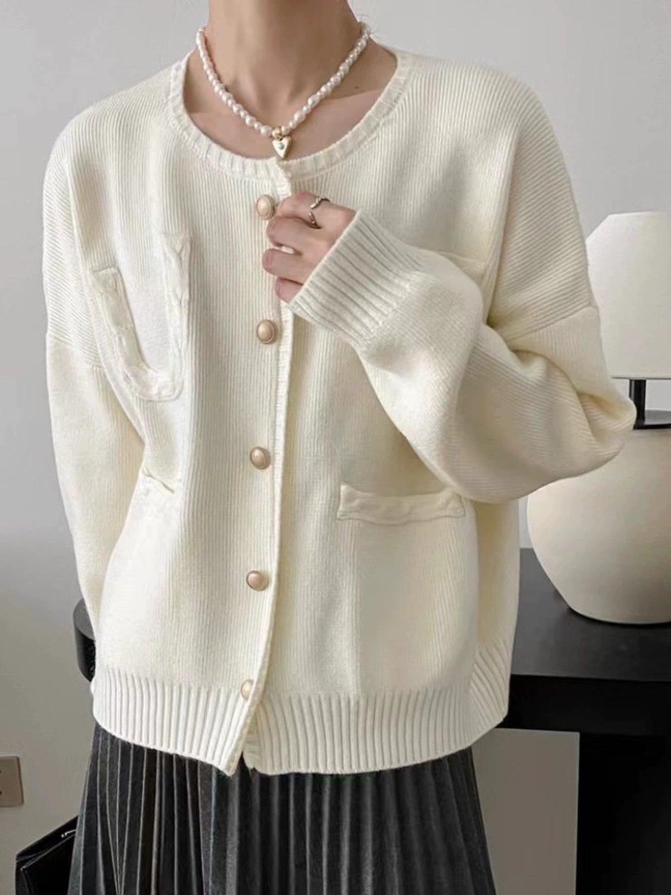 Women'S Elegant Round-Neck Sweater Coat - Soft Warm Winter Jacket with Pockets, Long Sleeve Solid Color Petite-Friendly Design for Fall & Winter, Casual to Semi-Formal Outfits (\u002FNavy) - Versatile Layering Piece for Everyday & Special Occasions