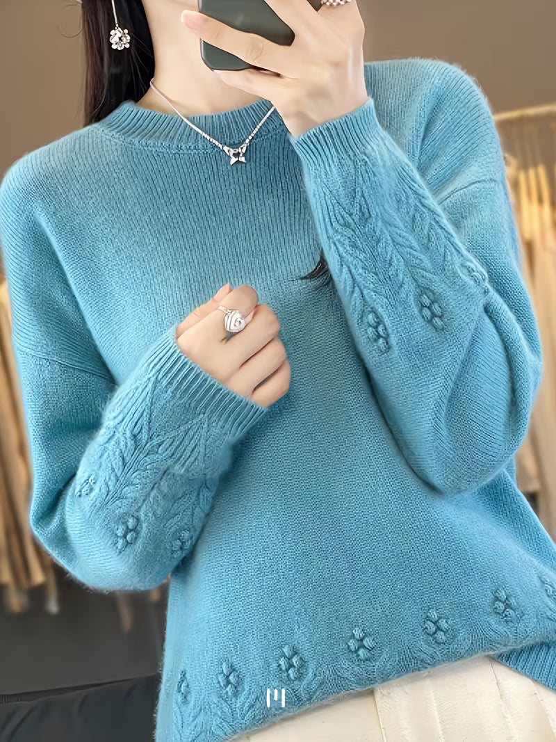 100% WOOL Women'S Elegant Sweater | Soft Long Sleeve Pullover with Round Neck, Neutral Tones, Button Details - Cozy Fall/Winter Sweater for Everyday & Formal Outfits