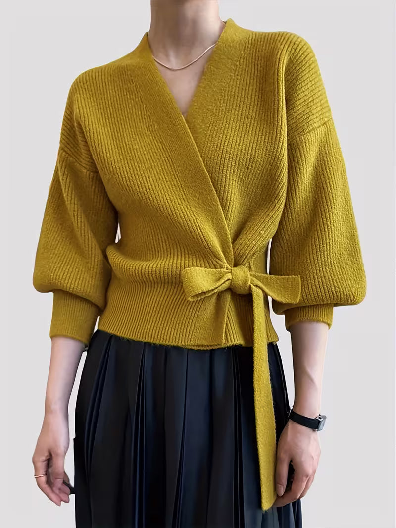 100% Wool Women'S Mustard Yellow V-Neck Cardigan Sweater | Belted Waist & Asymmetrical Hem, Lightweight Long Sleeve Blazer-like Jacket for Spring/Fall, Casual or Formal Outfits, Solid Color, Versatile Layering Piece