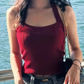 Chic Red Halter Neck Tank Top for Women - Sleeveless Ribbed with Bow Detail, Perfect for Spring\u002FSummer\u002FFall, French-Inspired Slim Fit Backless Design, Summer Tank Tops