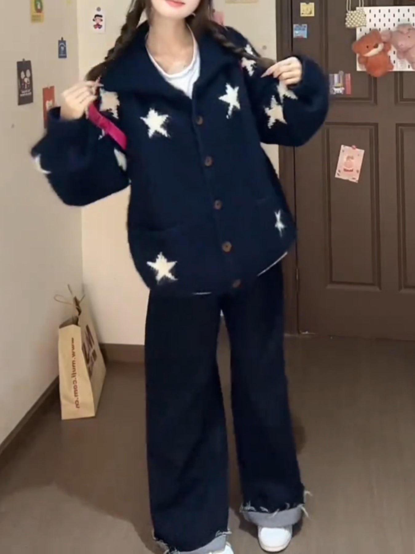 Women's Short-Length Star Cardigan - Belted Slim-Fit Winter Coat with Navy Blue & White Star Pattern, Short Jacket for Layering (No Padding) - Elegant Sweater Jacket for Fall\u002FWinter, Hand Wash\u002FDry Clean (Casual & Formal