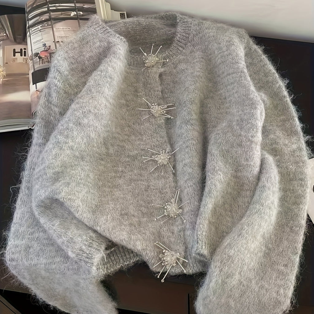 Women's Korean Inspired Elegant Winter Sweater - Soft Grey Round Neck Long Sleeve Button-Front Jacket-like Blazer, Korean Drama-Inspired Cozy Fall Winter Sweaters for Casual & Formal Events (Hand Wash\u002FDry Clean)