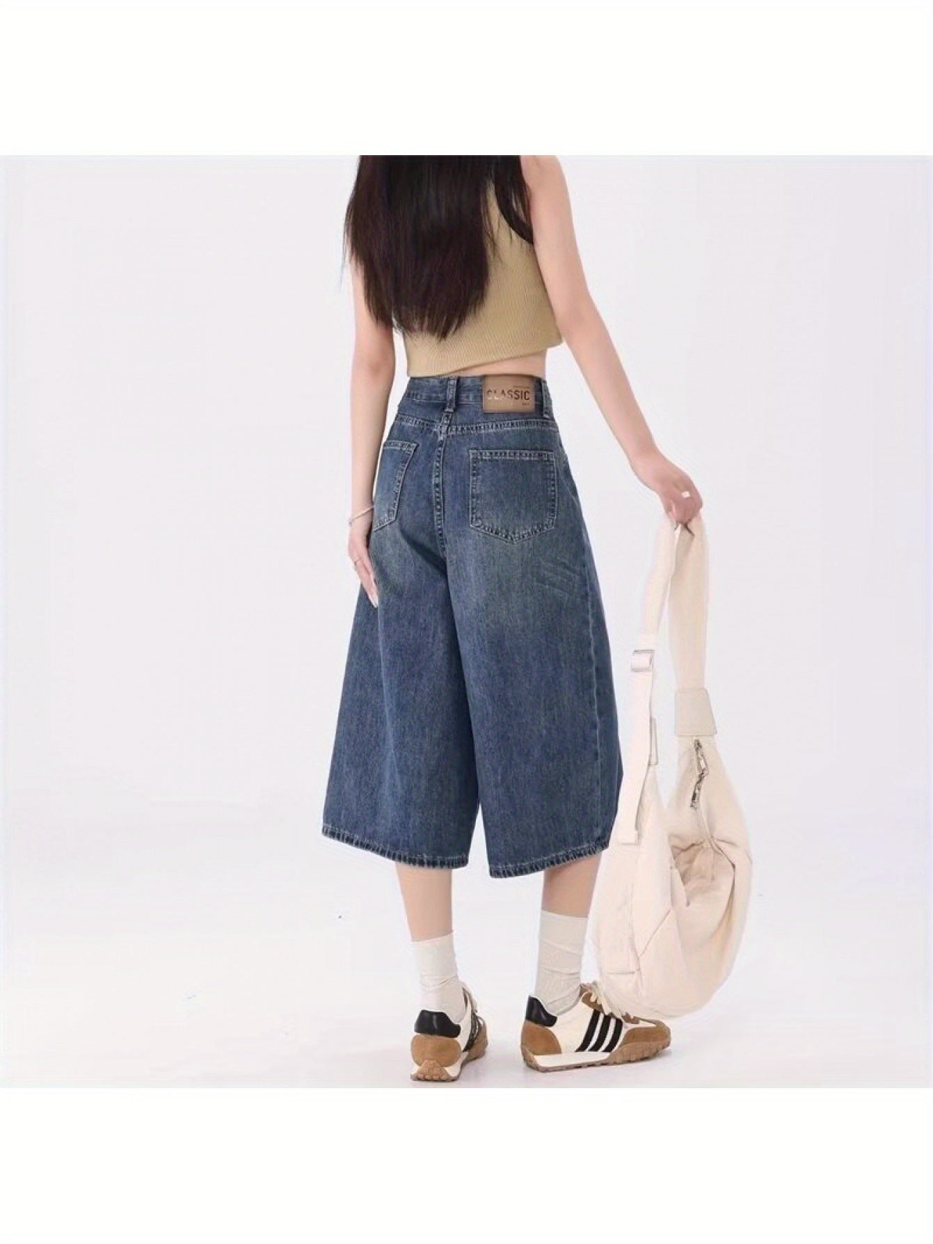 Loose Wide-Leg Cropped Jeans Women- Summer New High-Waist Retro Style Washed Distressed Straight Leg Bermuda Shorts Fit