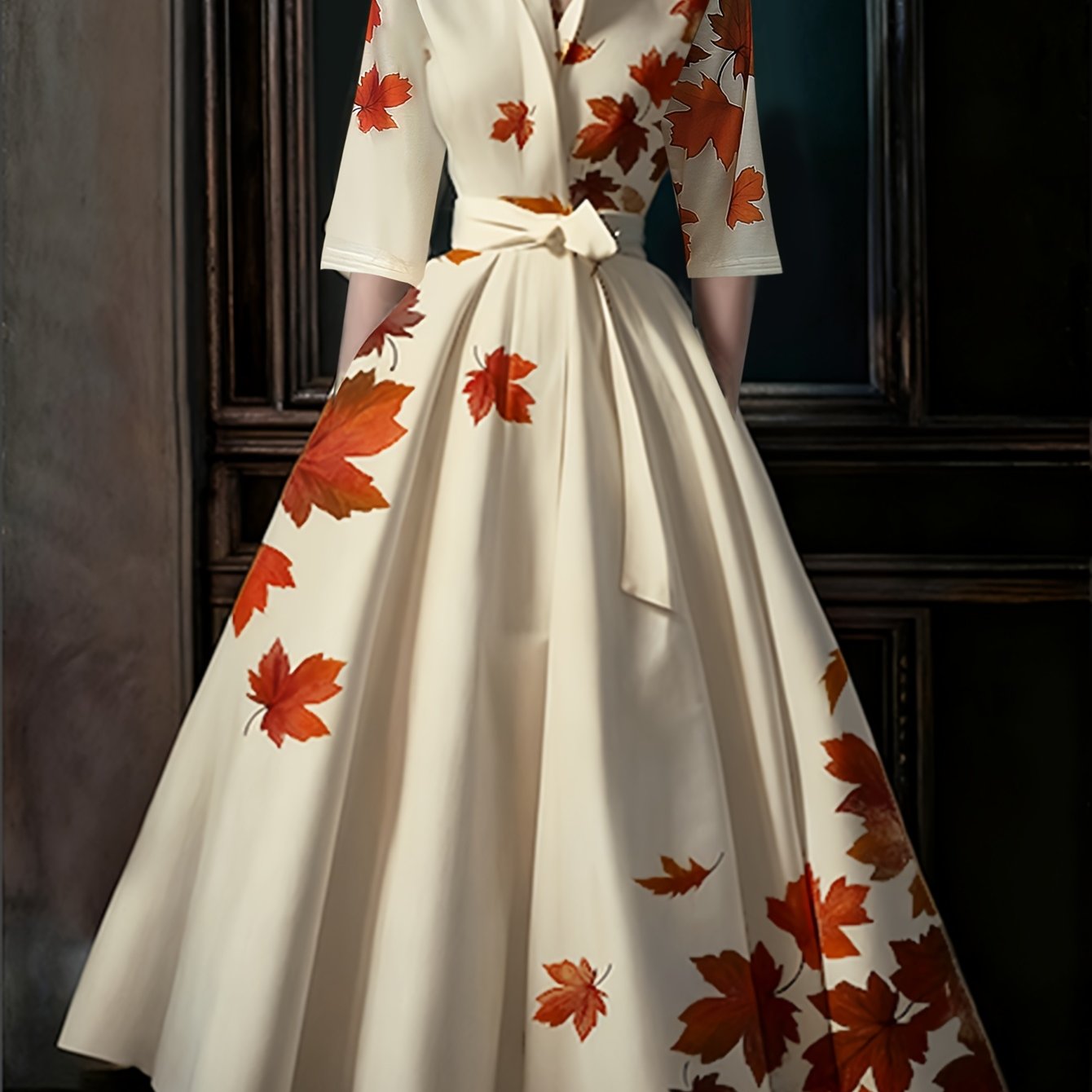 Women's Elegant A-Line Maxi Dress with Short -Inspired Maple Leaf Print - & Mustard Yellow Fitted Bodice & Flowy, Stand Collar Formal Party Wedding Guest Dress, Machine Washable Autumn Fall Gown