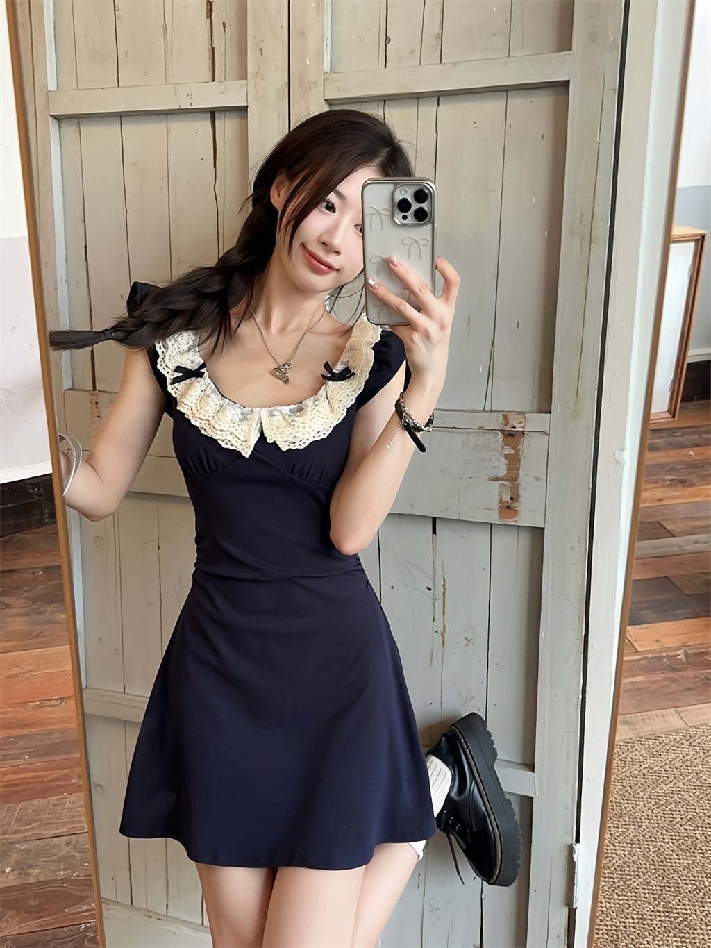 Women's French-Inspired Lace Trim Dress - Short Flying Sleeve A-Line Smock Dress with High Waist Hugging Silhouette, Navy Blue & White Collar, Short Length Petite-Friendly Dress for Parties Weddings Daily Wear (Machine Washable) 2025