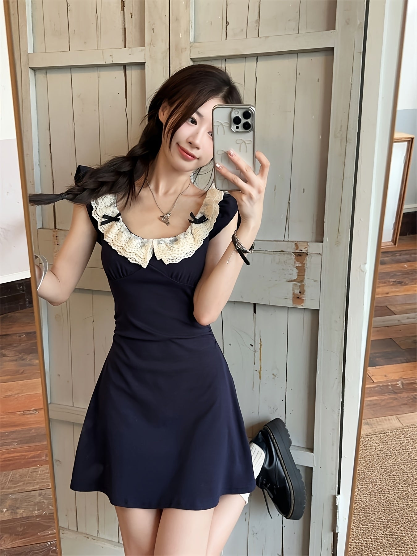 Women's French-Inspired Lace Trim Dress - Short Flying Sleeve A-Line Smock Dress with High Waist Hugging Silhouette, Navy Blue & White Collar, Short Length Petite-Friendly Dress for Parties Weddings Daily Wear (Machine Washable) 2025