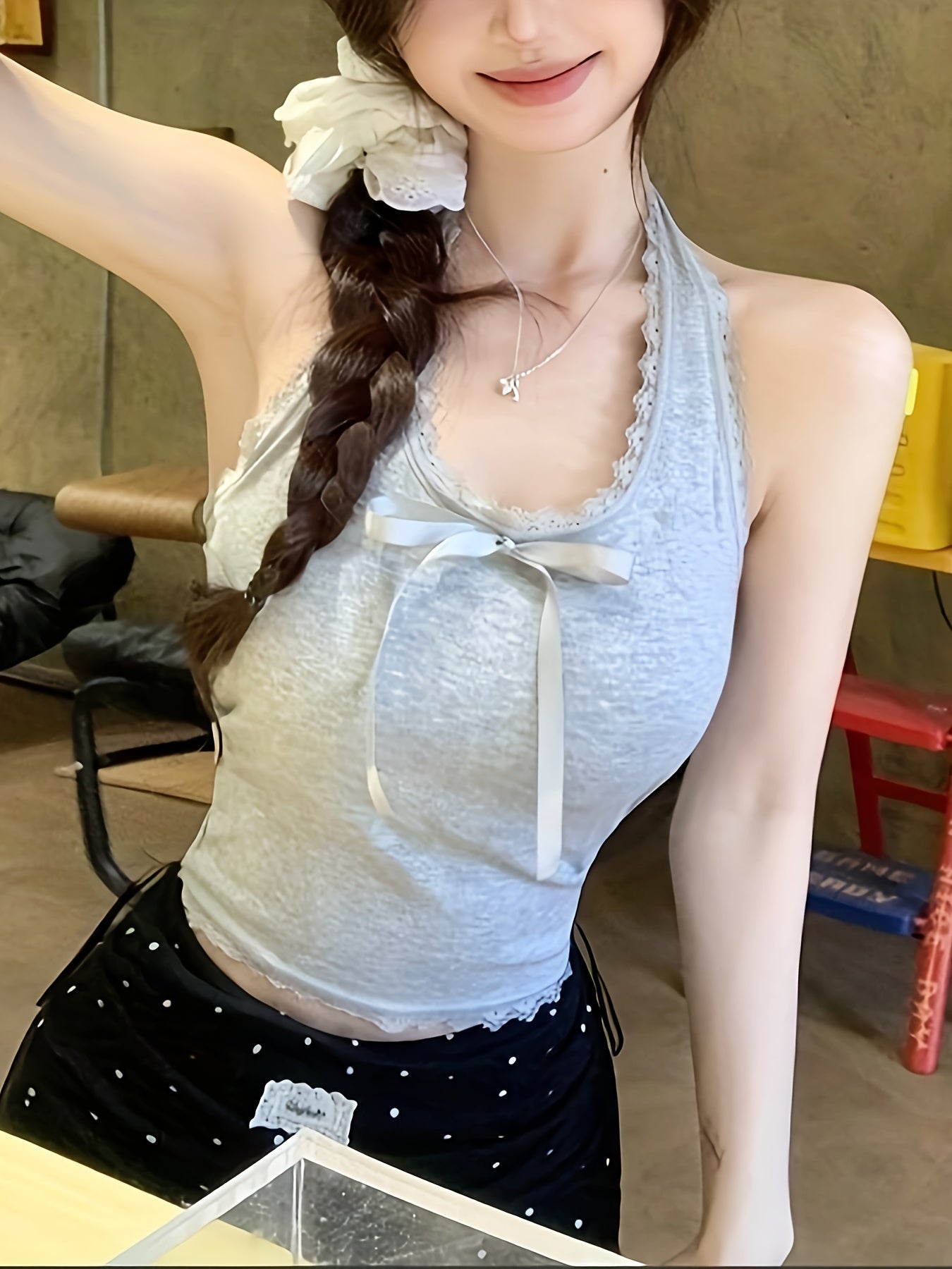 Y2K Sexy Halter Neck Crop Top - Red Lace Trim & Front Bow Detail, Summer Casual H-Silhouette Shirt with Padded Bust, Machine Washable Solid Color Women's Fashion Top, Trendy Outfit, Decorative Bow Detail, Nontransparent Fabric