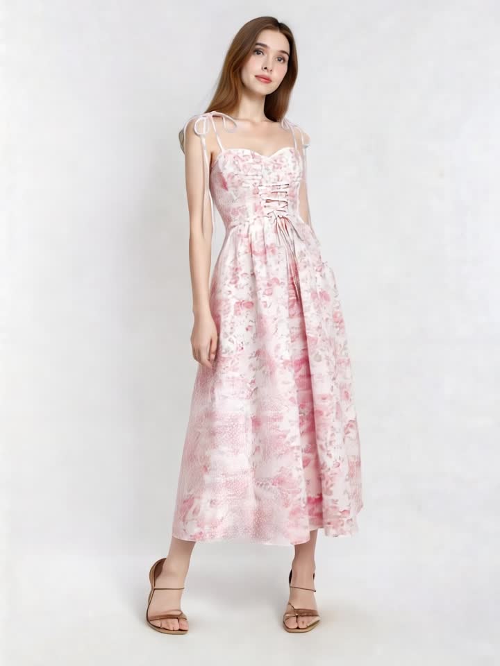 Women'S Elegant French Floral Print A-Line Maxi Dress with Spaghetti Strap & Waist Tie Belt - Pink & Floral Print Long Formal & Casual Evening Gown, Machine Washable For Parties, Office, Casual Attire - Spring\u002Ffall\u002Fsummer Seasonal Wear