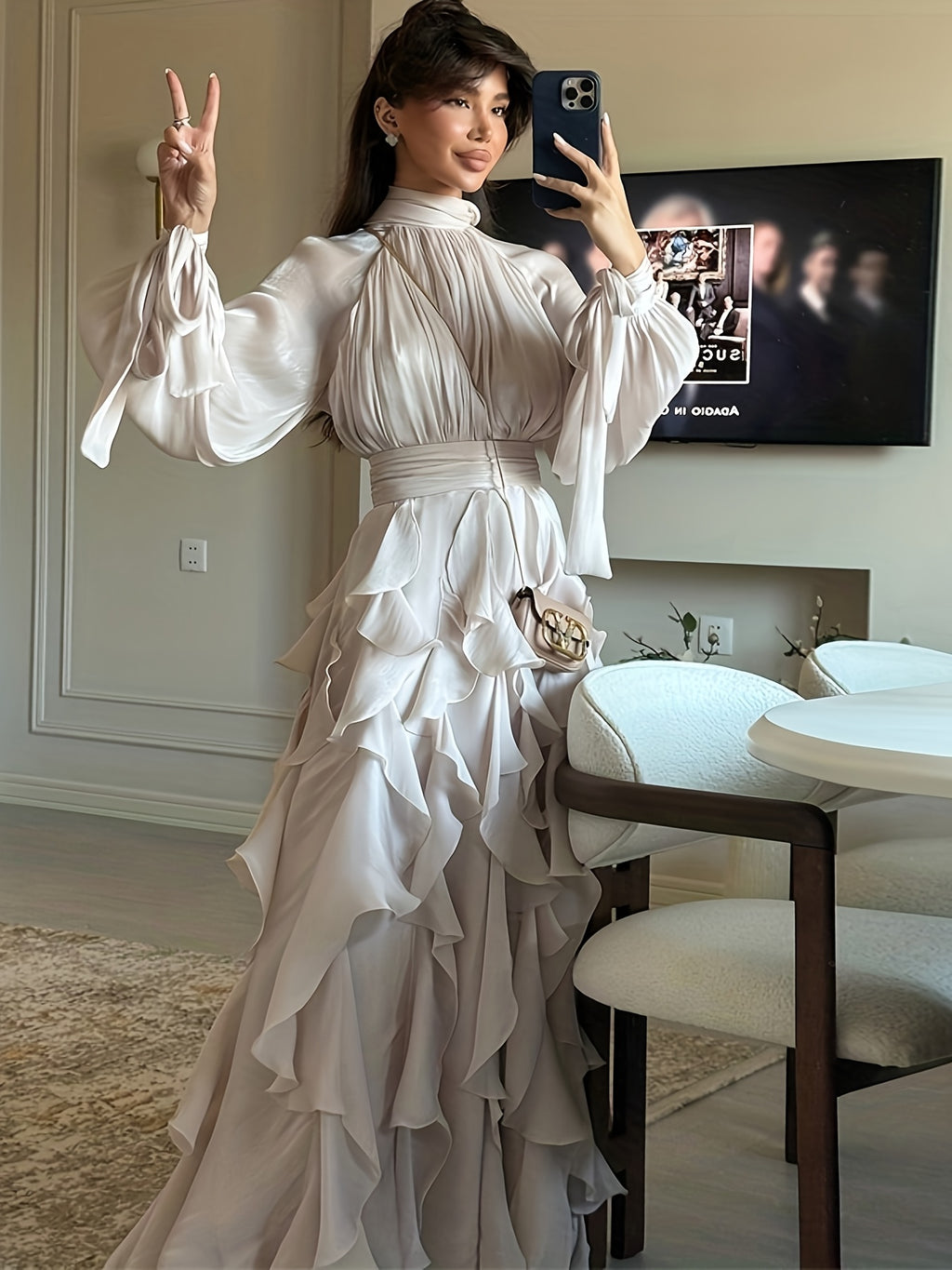 Collection Beige Ruffle Maxi Dress High Neck Sash Design Architectural Tailoring Multi-Layer Cascading Hem Wedding Banquet Elegant Gown