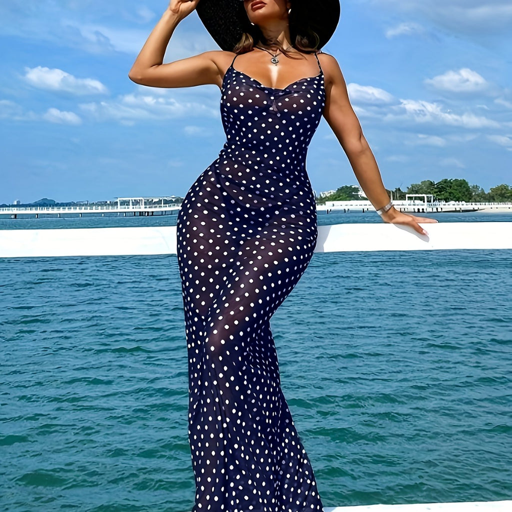 Women'S Elegant Polka Dot Slip Dress with Adjustable Thin Straps - Perfect for Summer Vacations, Beach Cover-Up, and Casual Outings, Beach Coverup Dress | Stylish Maxi Dress | Polyester Fabric