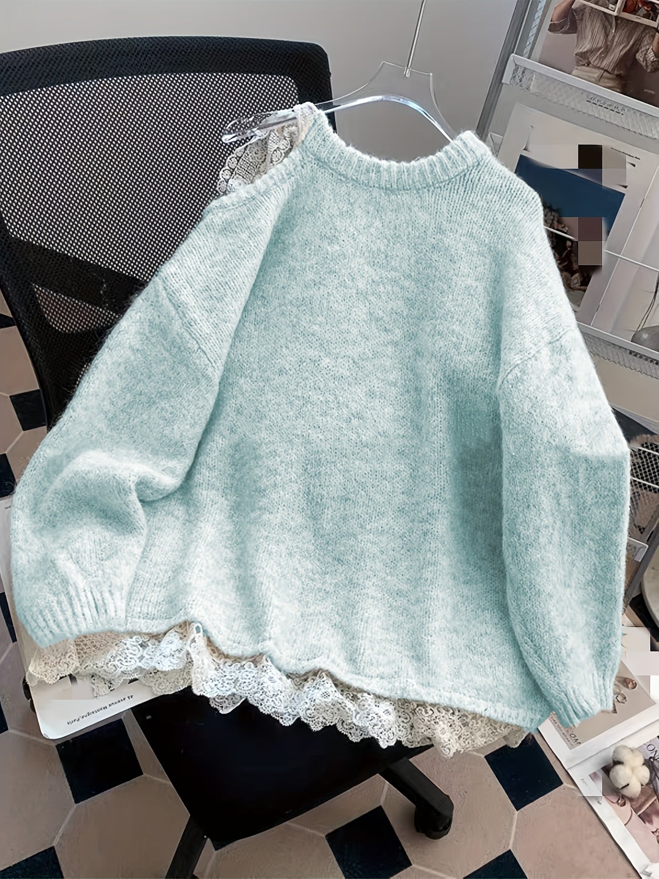 European and American Autumn-Winter New Fashion Heavy-Duty Contrast Lace Splicing Bow Mid-Length Sweater Pullover Jacket for Women