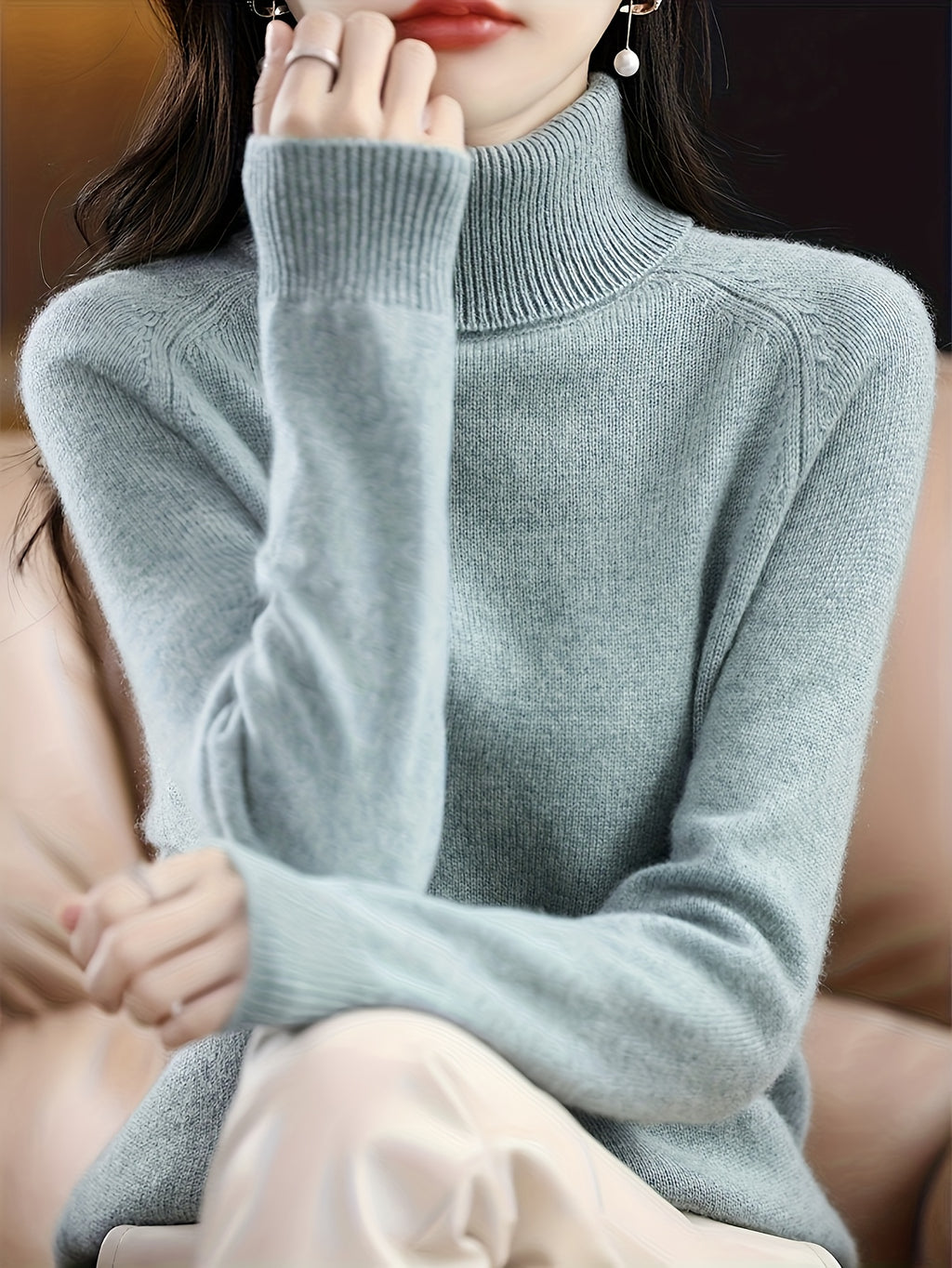 Women's Slim-Fit High Neck Sweater - Elegant Long Raglan Sleeve Turtleneck Pullover, Soft Winter Sweater Coat for Layering, Casual & Formal Wear, Machine Washable H-Line Silhouette (All-Season) in \u002FGrey\u002FBeige\u002FNude