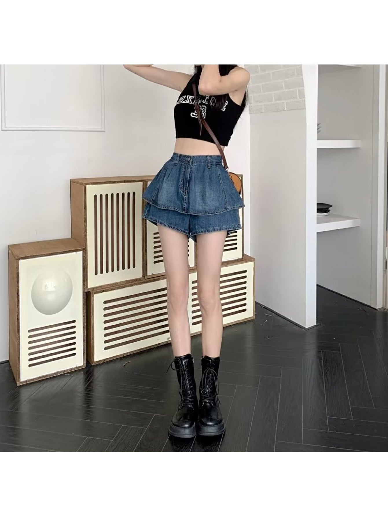 Women's Vintage High Waisted Skirt Pants - Short Skirt with Ruffle details (no ), Loose-Fit summer for a retro Western Style - Cake Skirt Pants