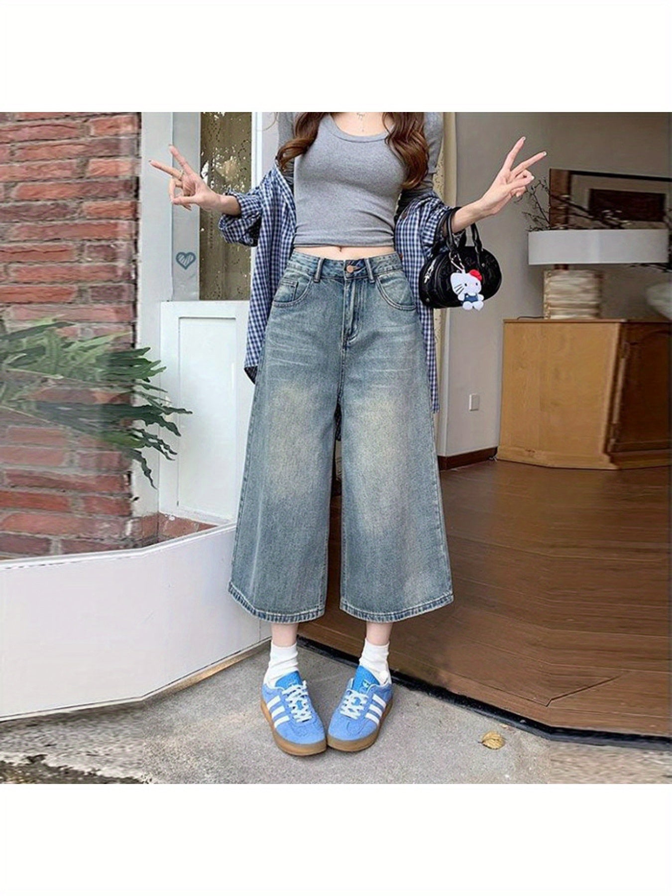 Women'S Vintage Washed Cropped Jeans, Summer High-Waisted Straight Wide-Leg Trousers, Mid-Length Eight-Quarter Pants for Petite Sizes