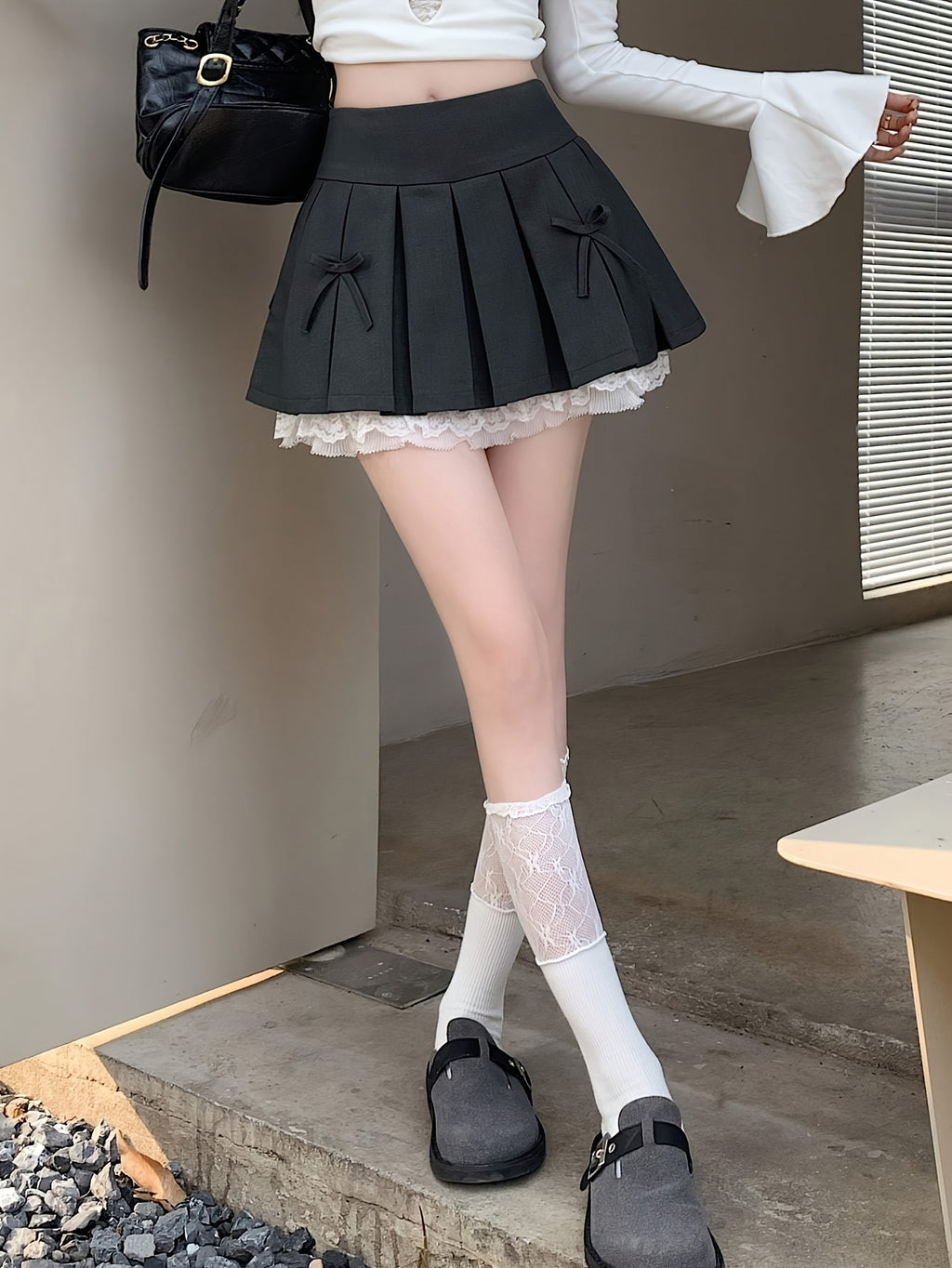 Women'S A-Line Pleated Skirt with Lace Trim & Bow Accents - Black Casual Layered Skirt for Spring Summer Fall, Versatile for Casual & Formal Outfits, Seasonal Fashion, Feminine Style, Quality Stitching, Fashion Lovers