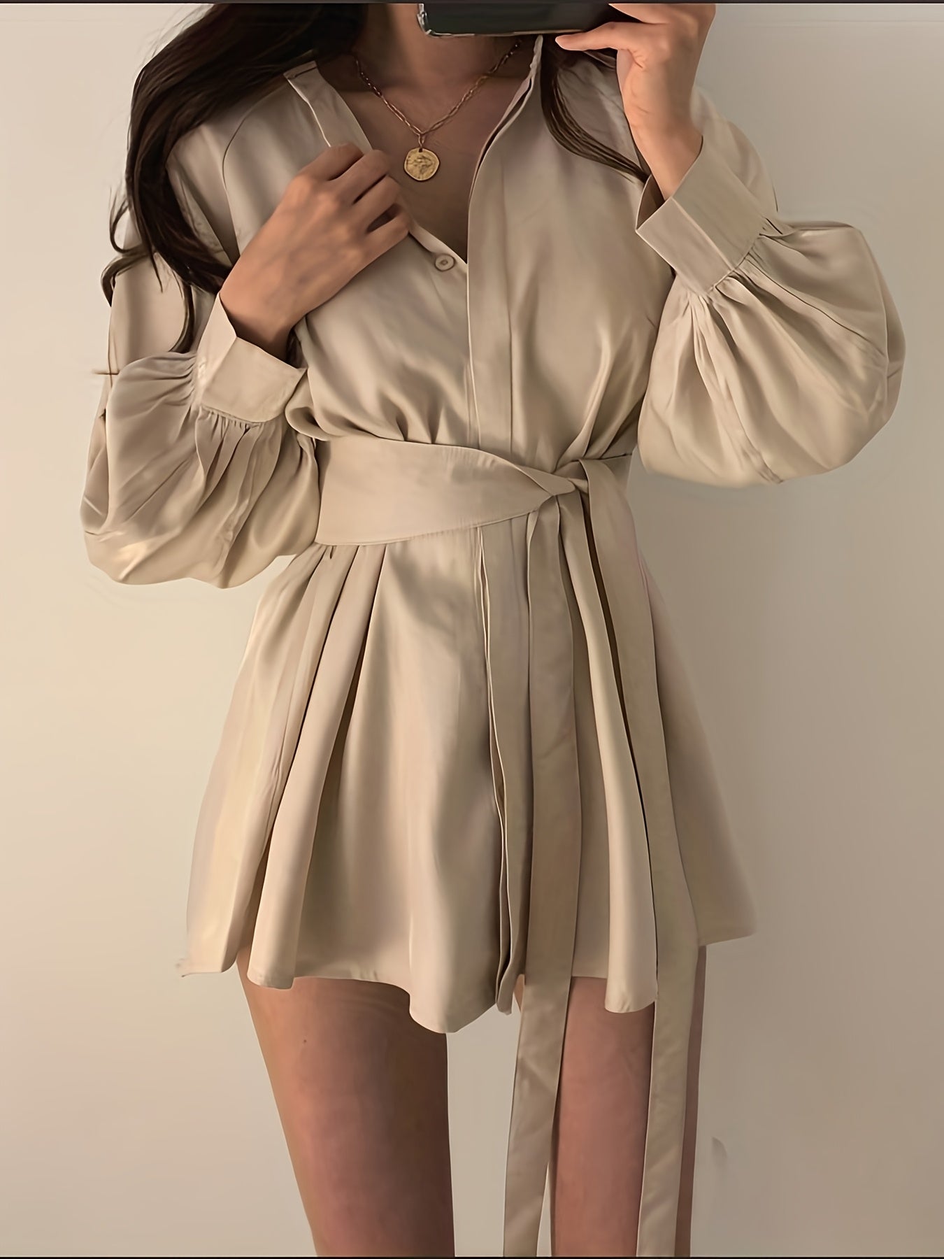 Temperament Waist Slim Blouse Spring And Autumn Design Sense Niche Balloon Sleeve Mid-length Shirt Dress Casual Big-name Versatile Comfortable Dress Set