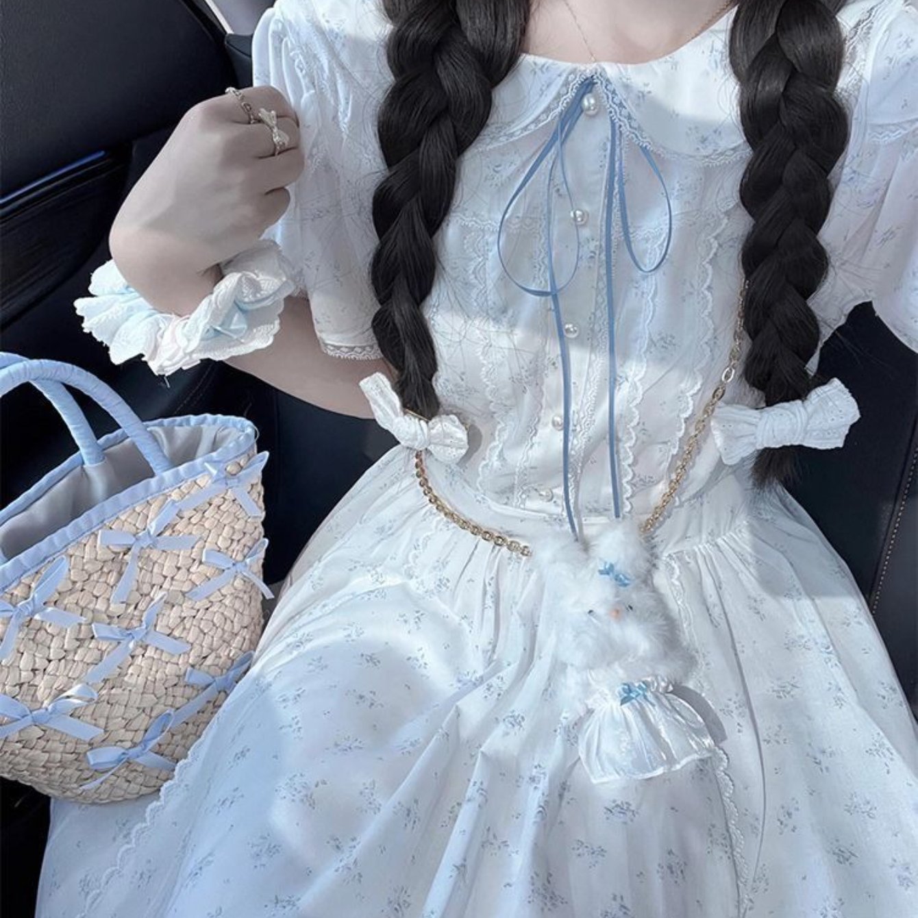 Women's Elegant Floral Print A-Line Dress with Spaghetti Strap & Smock Neckline - Slim-Fit Waist, Full Skirt, Blue Floral Pattern on White - All-Season Semi-Sheer Long Dress for Casual to Semi-Formal Events, Hand Washable Lightweight Fabric