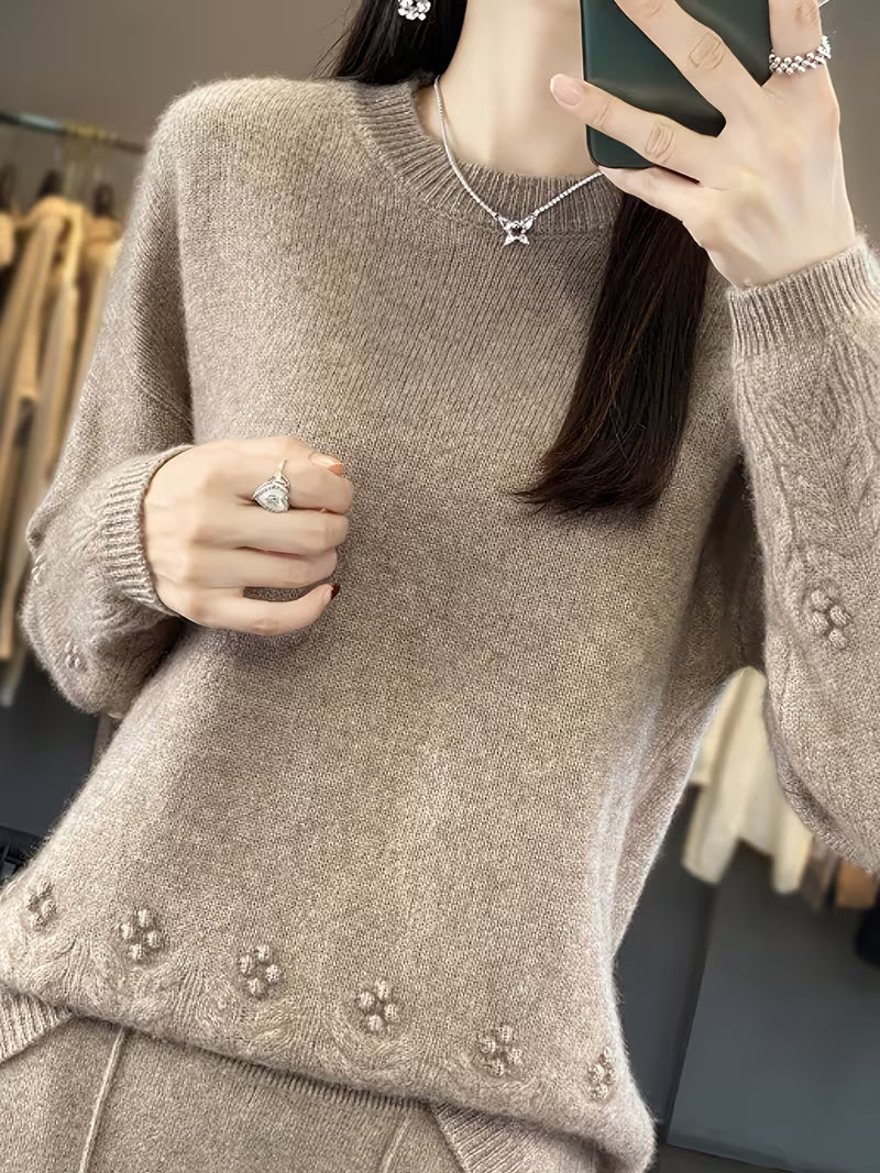 100% WOOL Women'S Elegant Sweater | Soft Long Sleeve Pullover with Round Neck, Neutral Tones, Button Details - Cozy Fall/Winter Sweater for Everyday & Formal Outfits