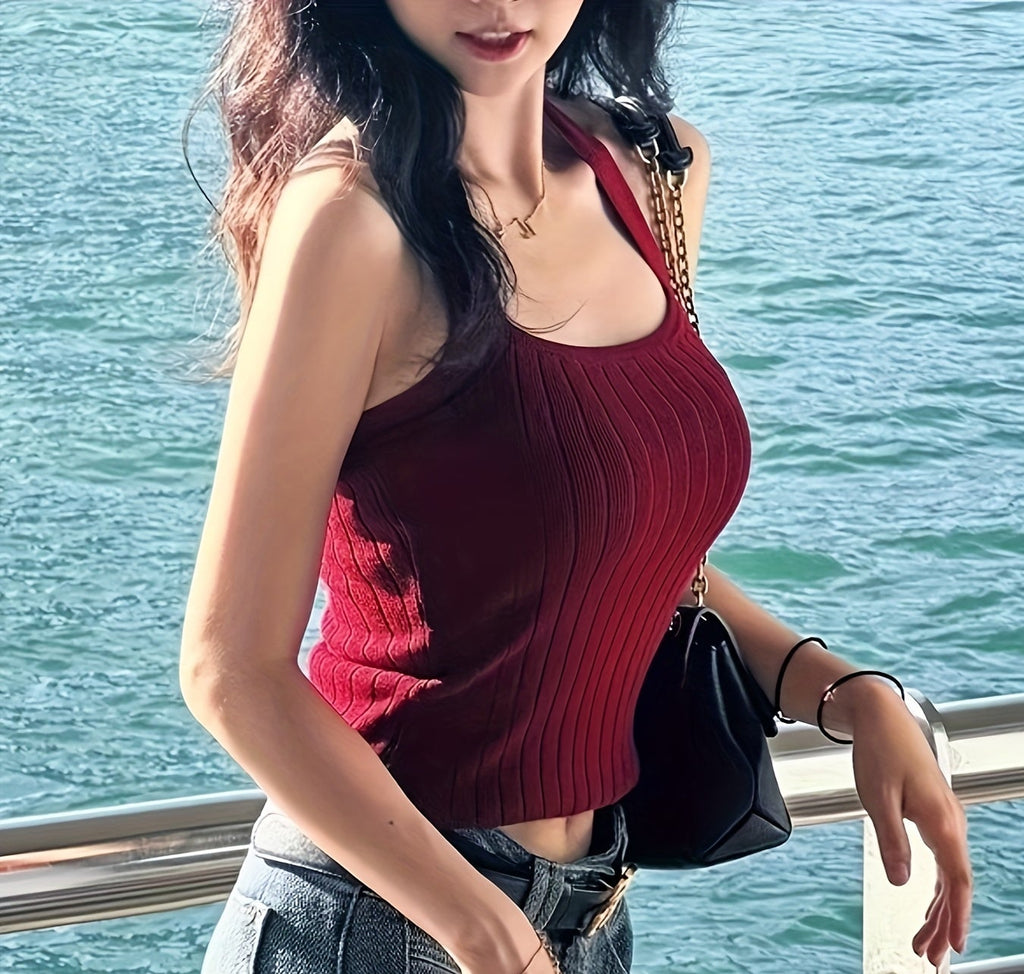 Chic Red Halter Neck Tank Top for Women - Sleeveless Ribbed with Bow Detail, Perfect for Spring\u002FSummer\u002FFall, French-Inspired Slim Fit Backless Design, Summer Tank Tops
