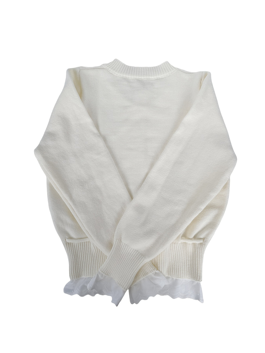 Women's Red Lace Trim Cardigan with Fitted Waist & Puff Sleeves - Cozy Machine-Washable Round Neck Sweater for Fall Winter Layering, Sweater Cardigan, Layering Piece, Crochet Texture, Textured Knitwear