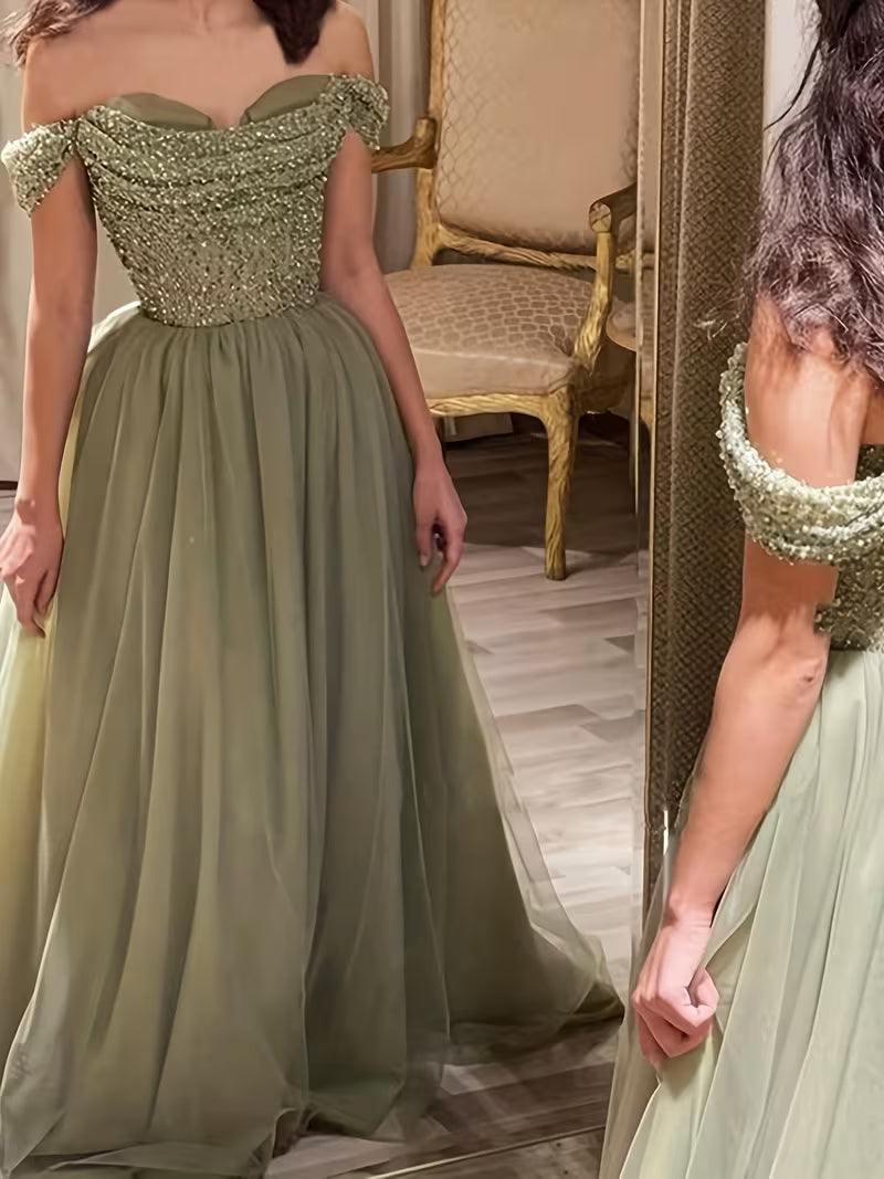 Elegant Green Tulle Women's Off Shoulder Gown Dress | High Waisted Bridal Wedding Trailing Dress, Formal Evening Party Dresses | Suitable For Lawn Wedding, Dinner, Homecoming, Prom, Engagements, Bridesmaid Dresses