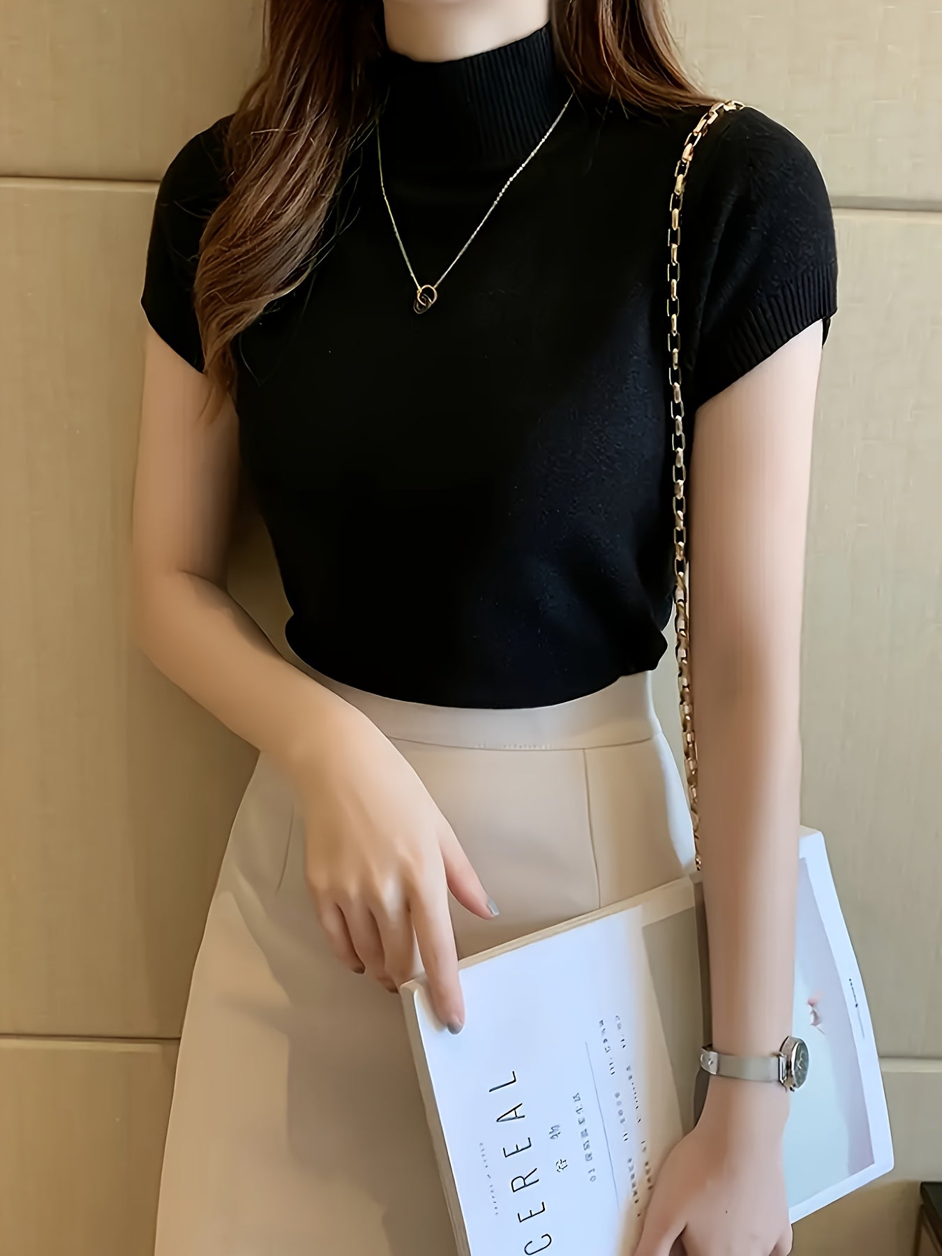 Women's Chic Sweater - Stretchy Office to Party Top, Non-See-Through Slim Fit Shirt for Spring\u002FSummer\u002FFall, Machine Washable Everyday & Formal Outfits, Seasonal Fashion, Highneck Design, Comfortable Wear