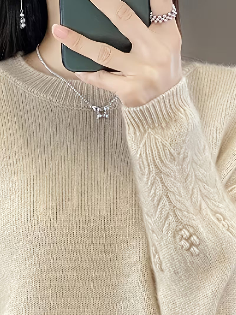 100% WOOL Women'S Elegant Sweater | Soft Long Sleeve Pullover with Round Neck, Neutral Tones, Button Details - Cozy Fall/Winter Sweater for Everyday & Formal Outfits