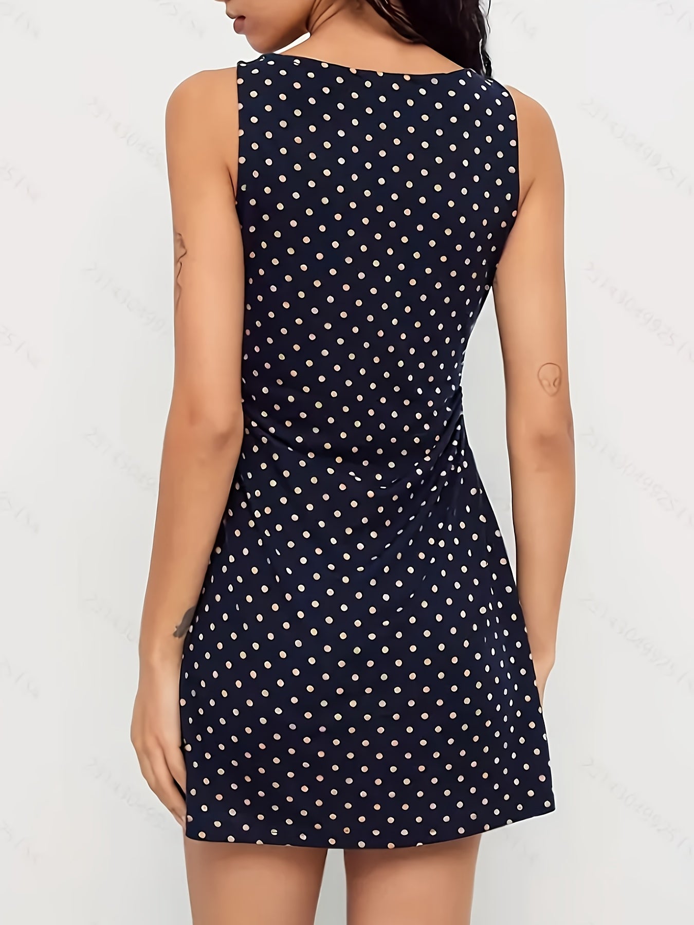 Women's Elegant Black & White Polka Dot Sleeveless A-Line Dress - Machine Washable Round Neck Short Skirt for Casual & Formal Occasions