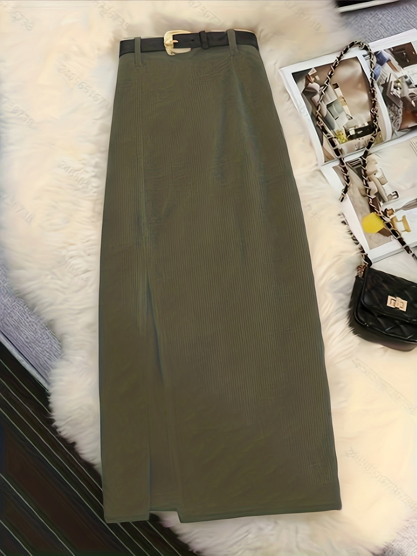 Women's Elegant Vintage Corduroy A-Line Skirt - High-Waisted Long Winter Skirt with Slant Split, Brown Corduroy Pants-like Style (No Elastic), Machine Washable Fall\u002FWinter to Party Outfits - Tailored Fit Non-Stretch Skirt