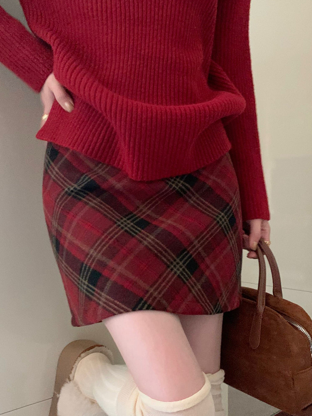 Christmas Vintage High-Waist Plaid A-Line Skirt for Women, 100% Polyester Gingham Pattern, All-Season Elegant Short Skirt
