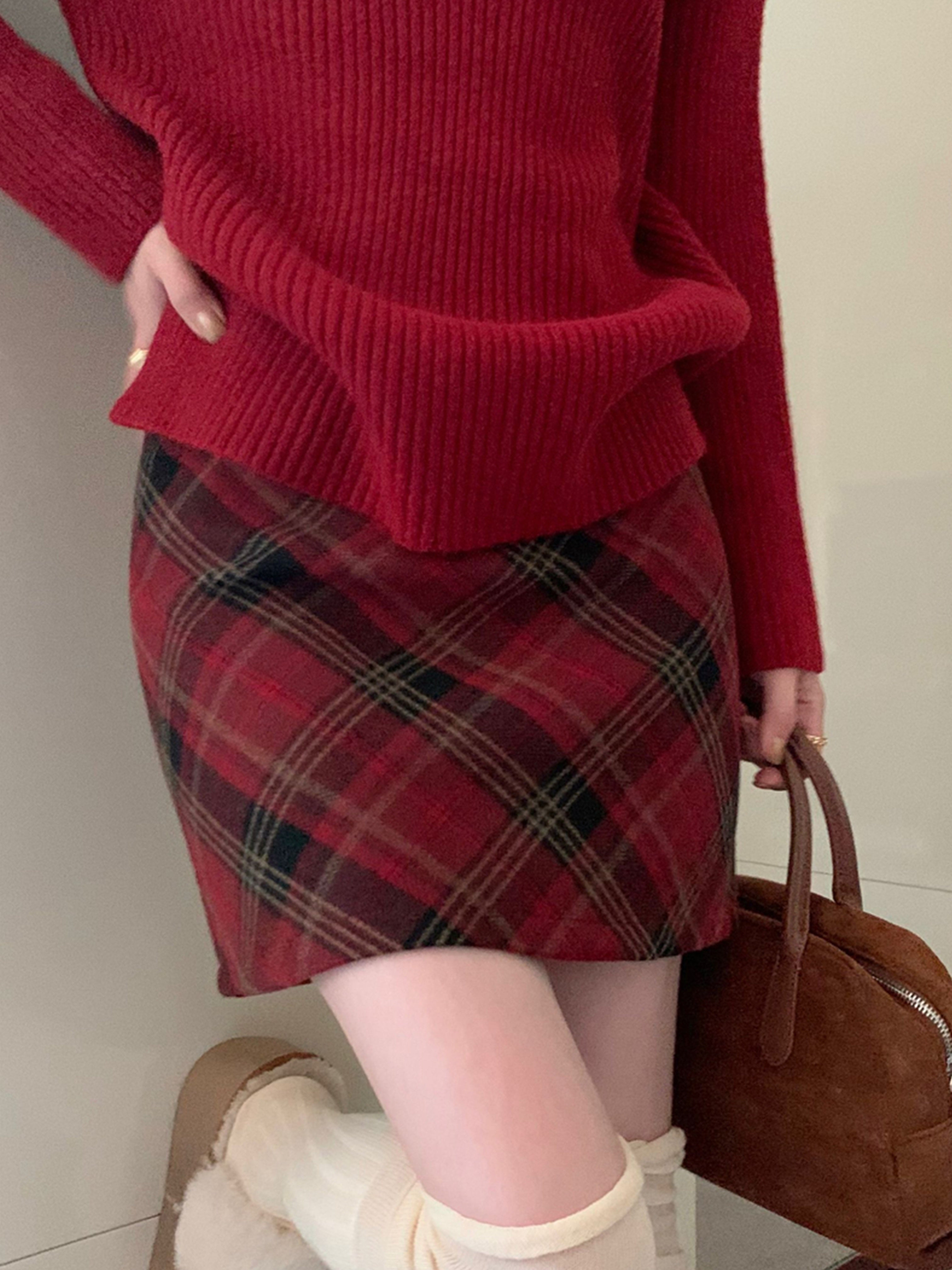 Christmas Vintage High-Waist Plaid A-Line Skirt for Women, 100% Polyester Gingham Pattern, All-Season Elegant Short Skirt