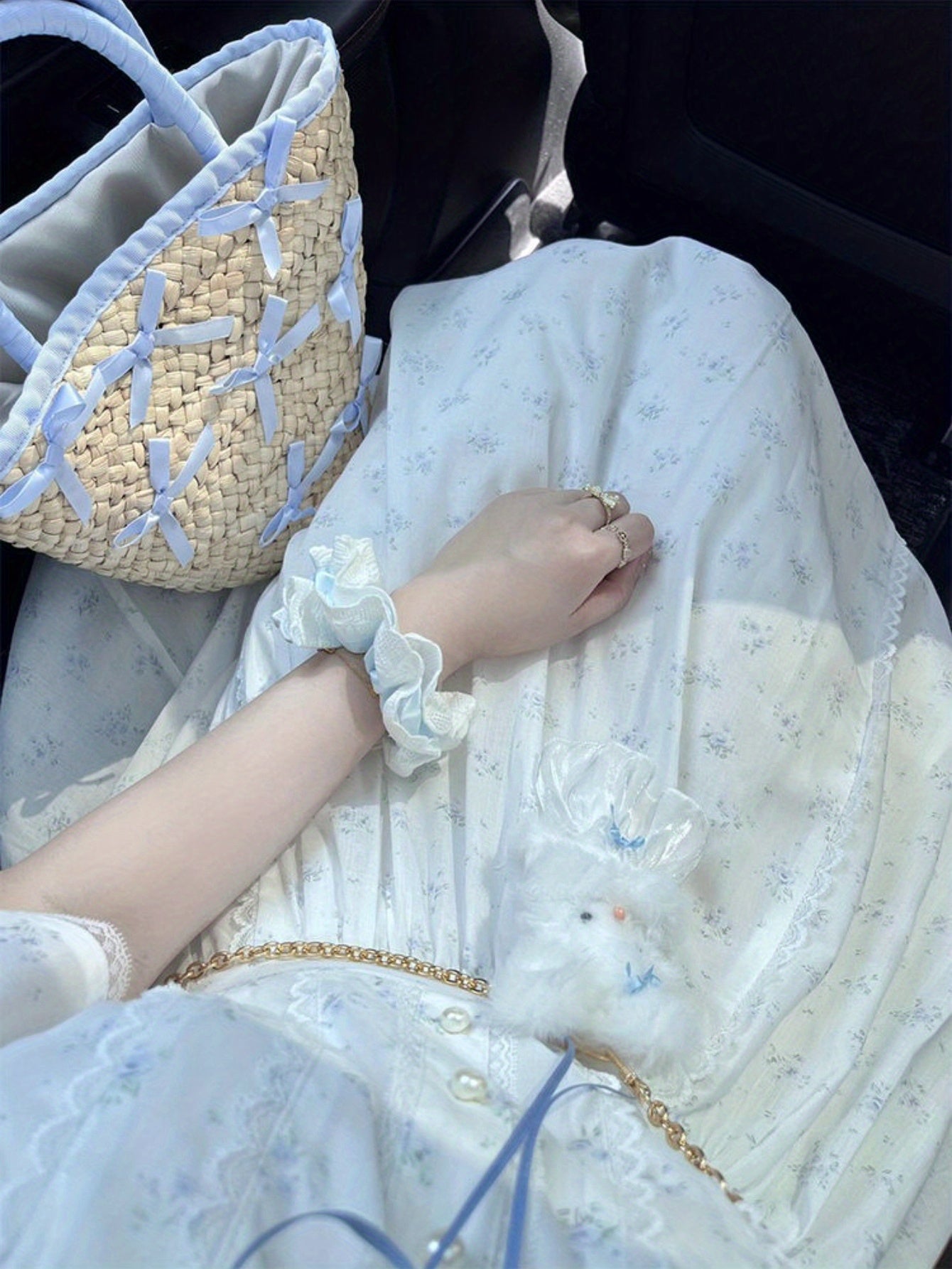 Women's Elegant Floral Print A-Line Dress with Spaghetti Strap & Smock Neckline - Slim-Fit Waist, Full Skirt, Blue Floral Pattern on White - All-Season Semi-Sheer Long Dress for Casual to Semi-Formal Events, Hand Washable Lightweight Fabric