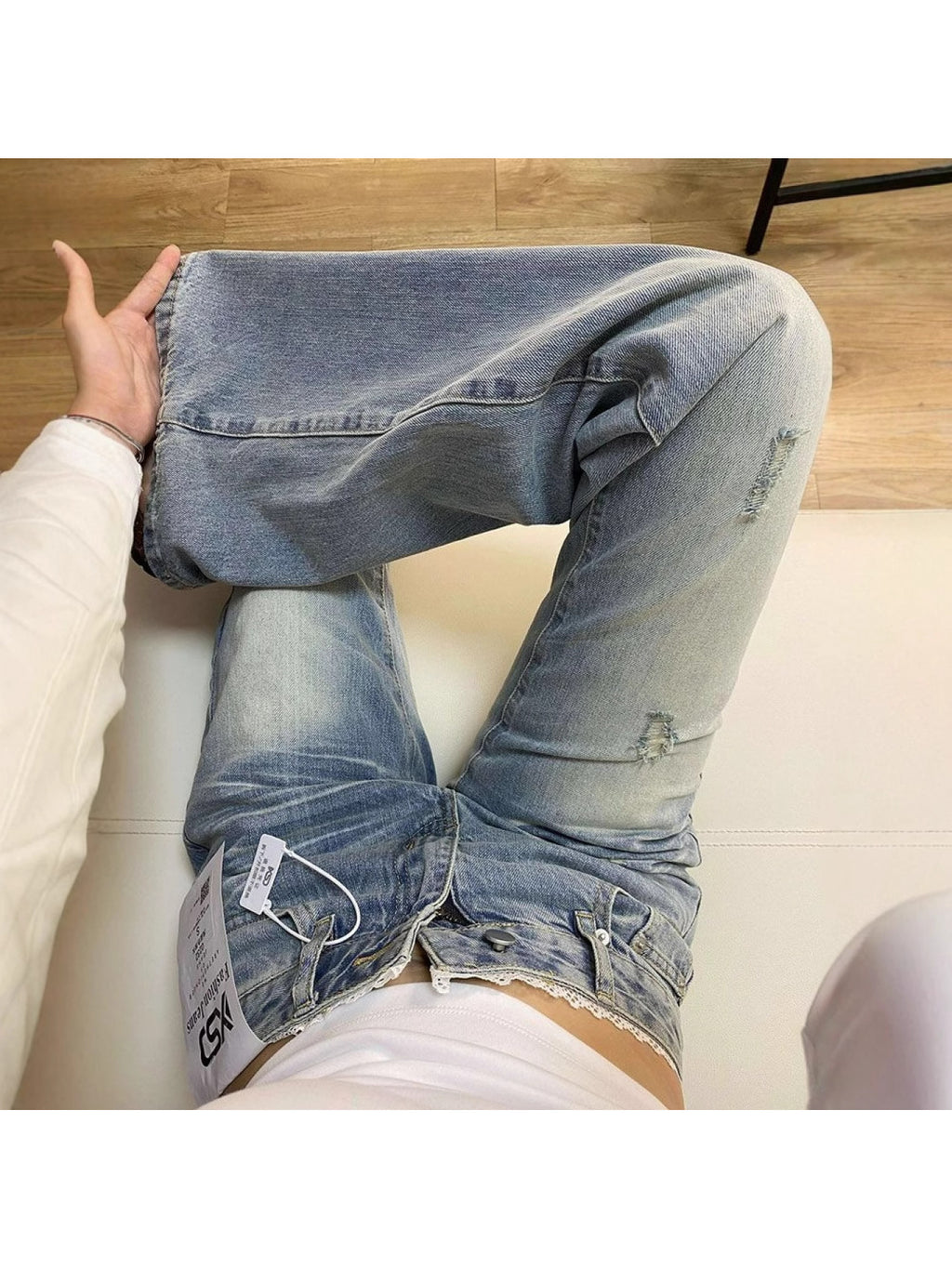 Women'S High-Waisted Ripped Flared Jeans - Slim Fit, Stretch Denim, Button Detail, Casual Summer Style, Light Blue, Loose Fit, High Waist, Casual Summer Wear|Ripped Flared Jeans|Slim Fit Jeans