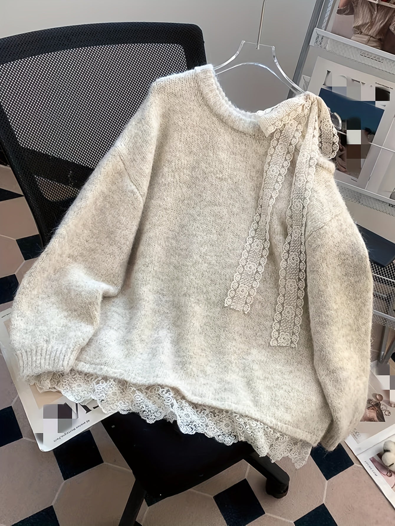 European and American Autumn-Winter New Fashion Heavy-Duty Contrast Lace Splicing Bow Mid-Length Sweater Pullover Jacket for Women