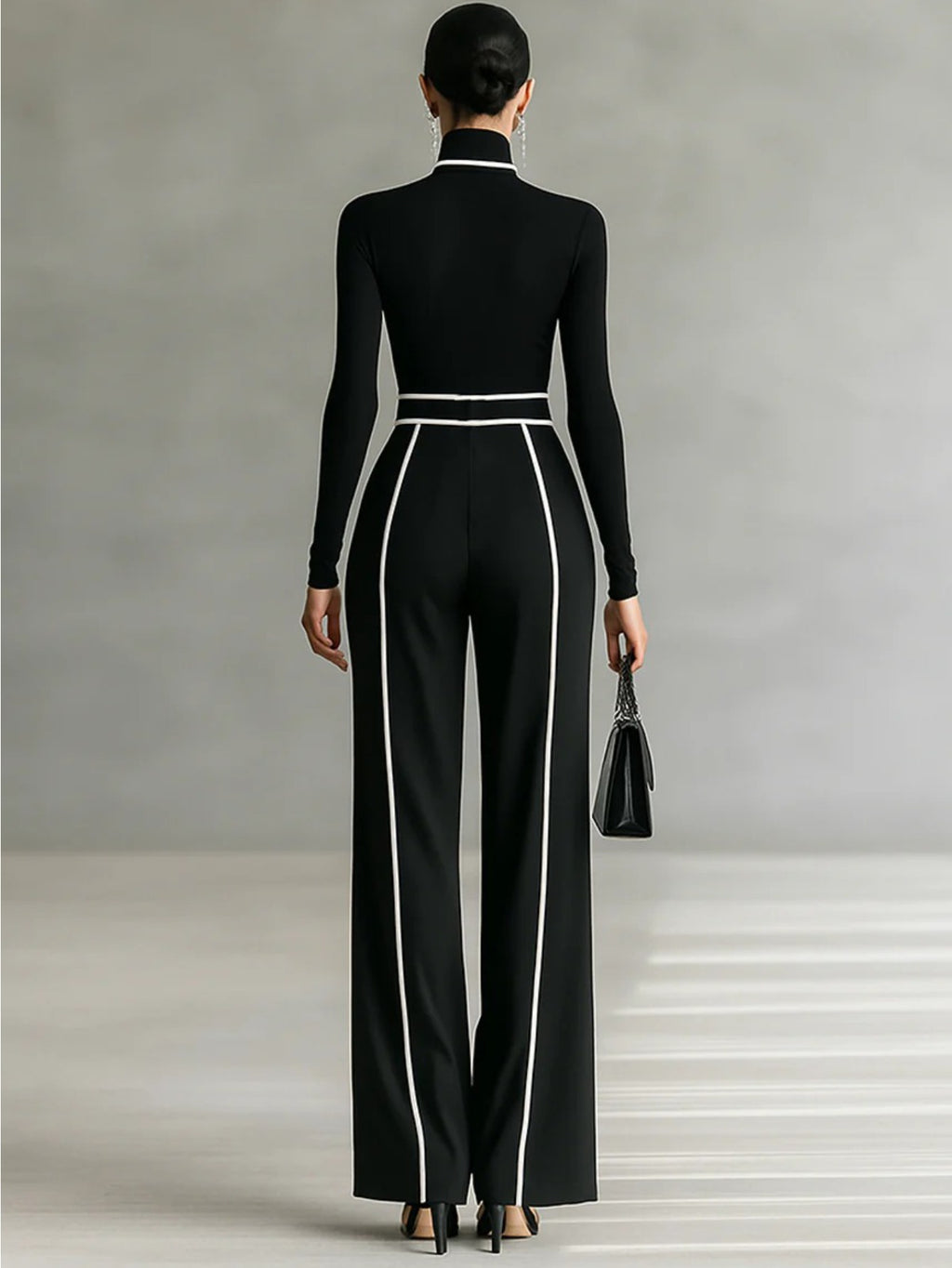 Magic Mia Women's Black Wide-Leg Pants - High Waist with White Piping & Belt Detail | Tailored Elegant Fit for Office Commute, Casual Daily & Fashion Styling (Flowy Fabric & Figure-Flattering) for Sophisticated Looks