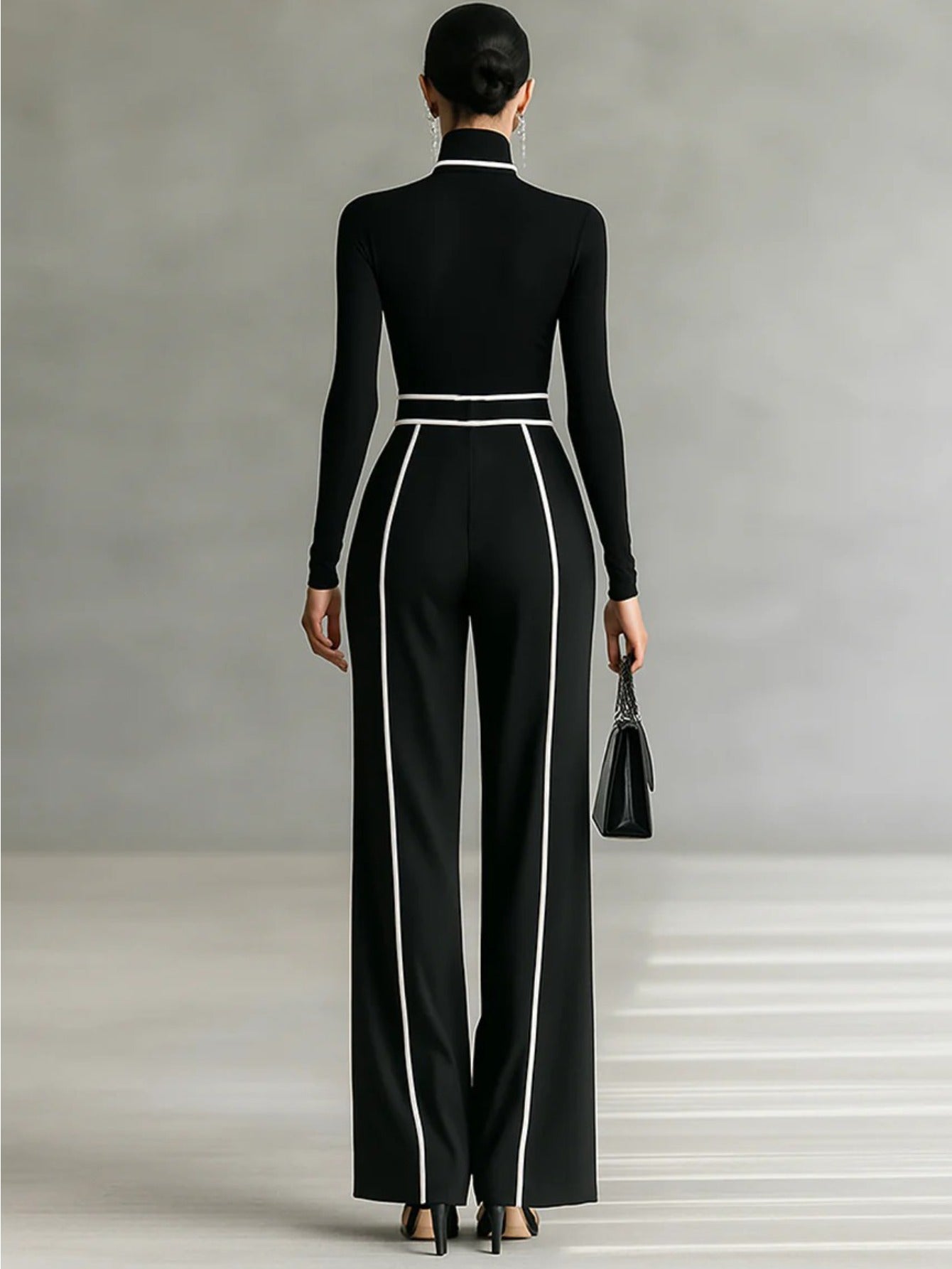 Magic Mia Women's Black Wide-Leg Pants - High Waist with White Piping & Belt Detail | Tailored Elegant Fit for Office Commute, Casual Daily & Fashion Styling (Flowy Fabric & Figure-Flattering) for Sophisticated Looks