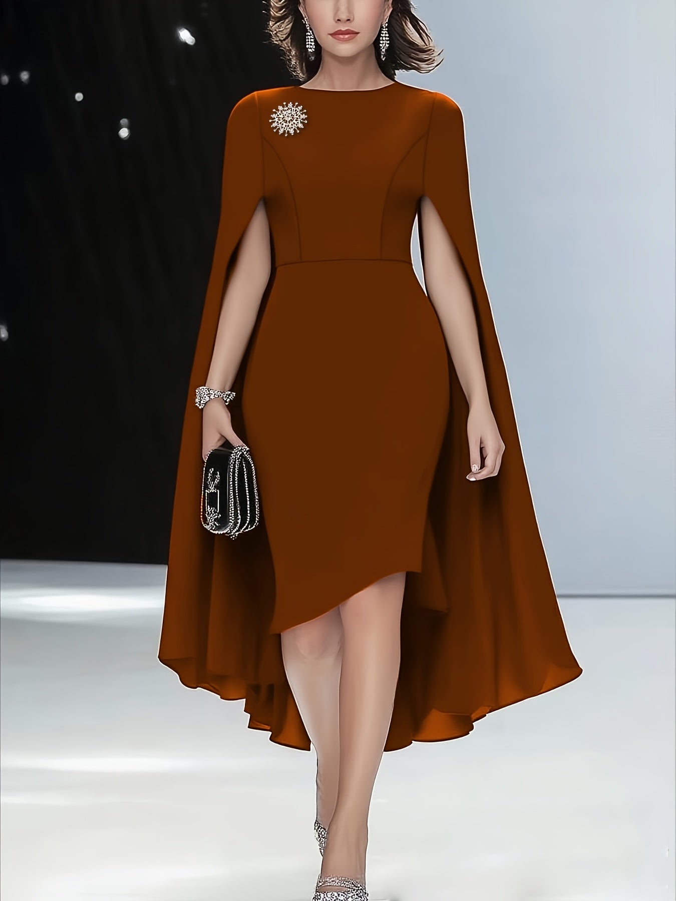 Women'S Elegant Solid Brown Dress with Puff Sleeves & Zipper Back - Round Neck, Flared Hem, All-Season Versatile Formal & Casual Outfits, Chic Office Attire, Comfortable Fabric