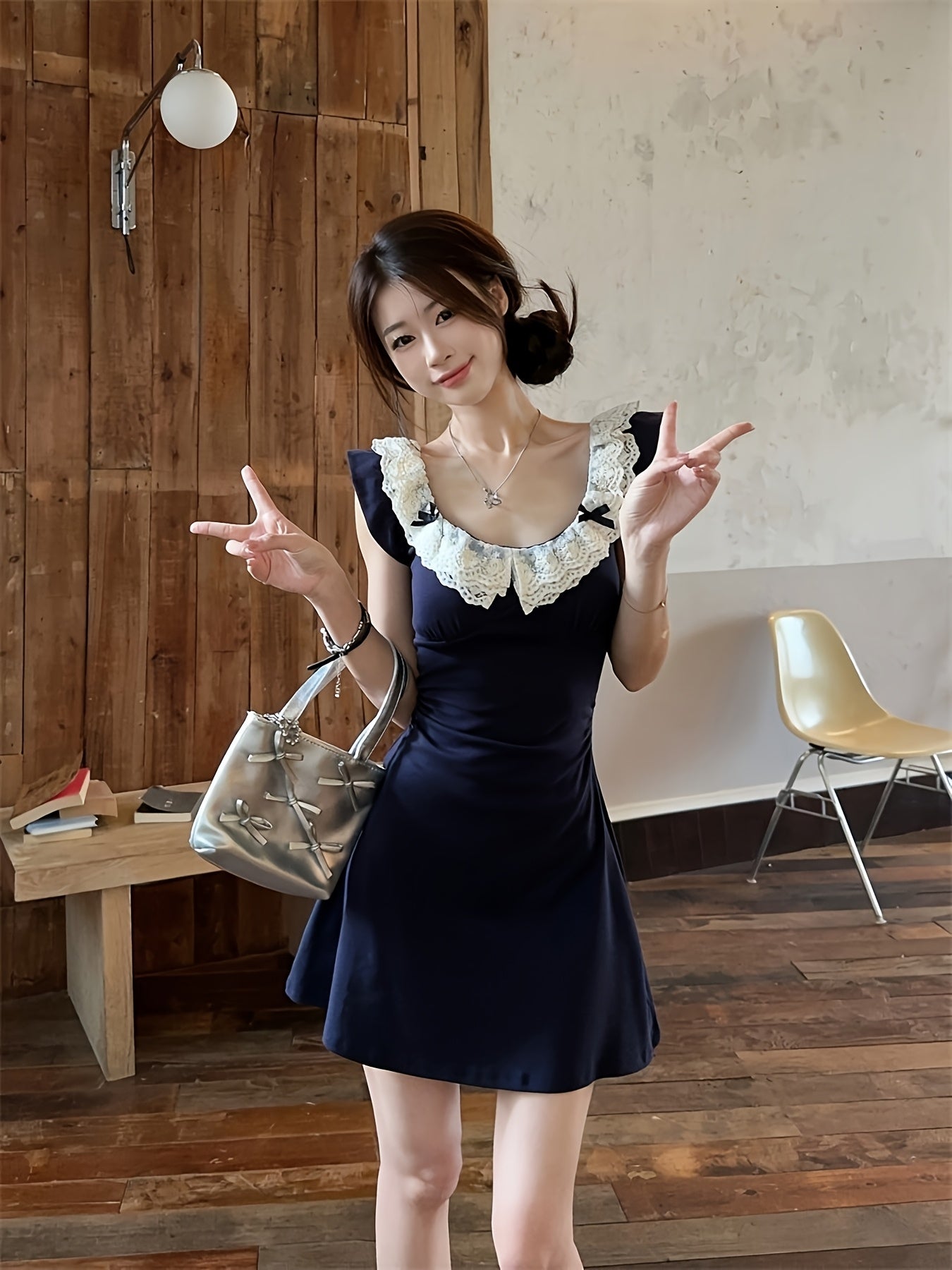 Women's French-Inspired Lace Trim Dress - Short Flying Sleeve A-Line Smock Dress with High Waist Hugging Silhouette, Navy Blue & White Collar, Short Length Petite-Friendly Dress for Parties Weddings Daily Wear (Machine Washable) 2025