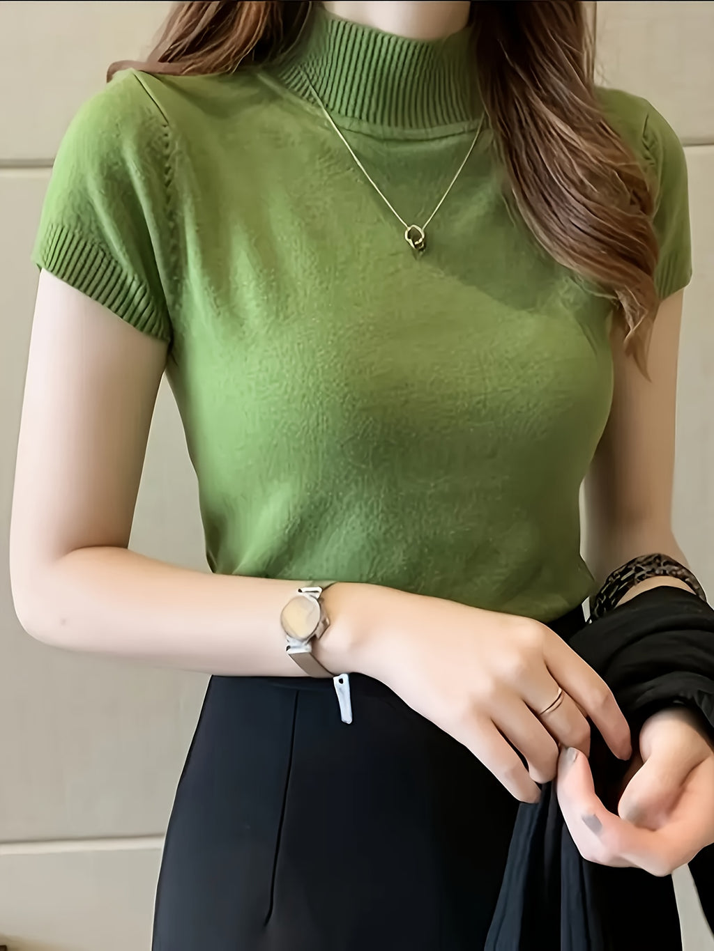 Women's Chic Sweater - Stretchy Office to Party Top, Non-See-Through Slim Fit Shirt for Spring\u002FSummer\u002FFall, Machine Washable Everyday & Formal Outfits, Seasonal Fashion, Highneck Design, Comfortable Wear