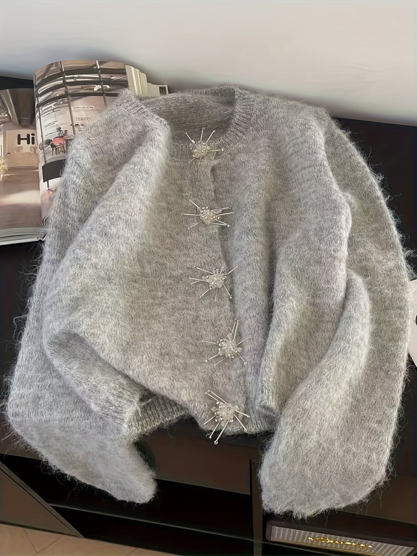 Women's Korean Inspired Elegant Winter Sweater - Soft Grey Round Neck Long Sleeve Button-Front Jacket-like Blazer, Korean Drama-Inspired Cozy Fall Winter Sweaters for Casual & Formal Events (Hand Wash\u002FDry Clean)